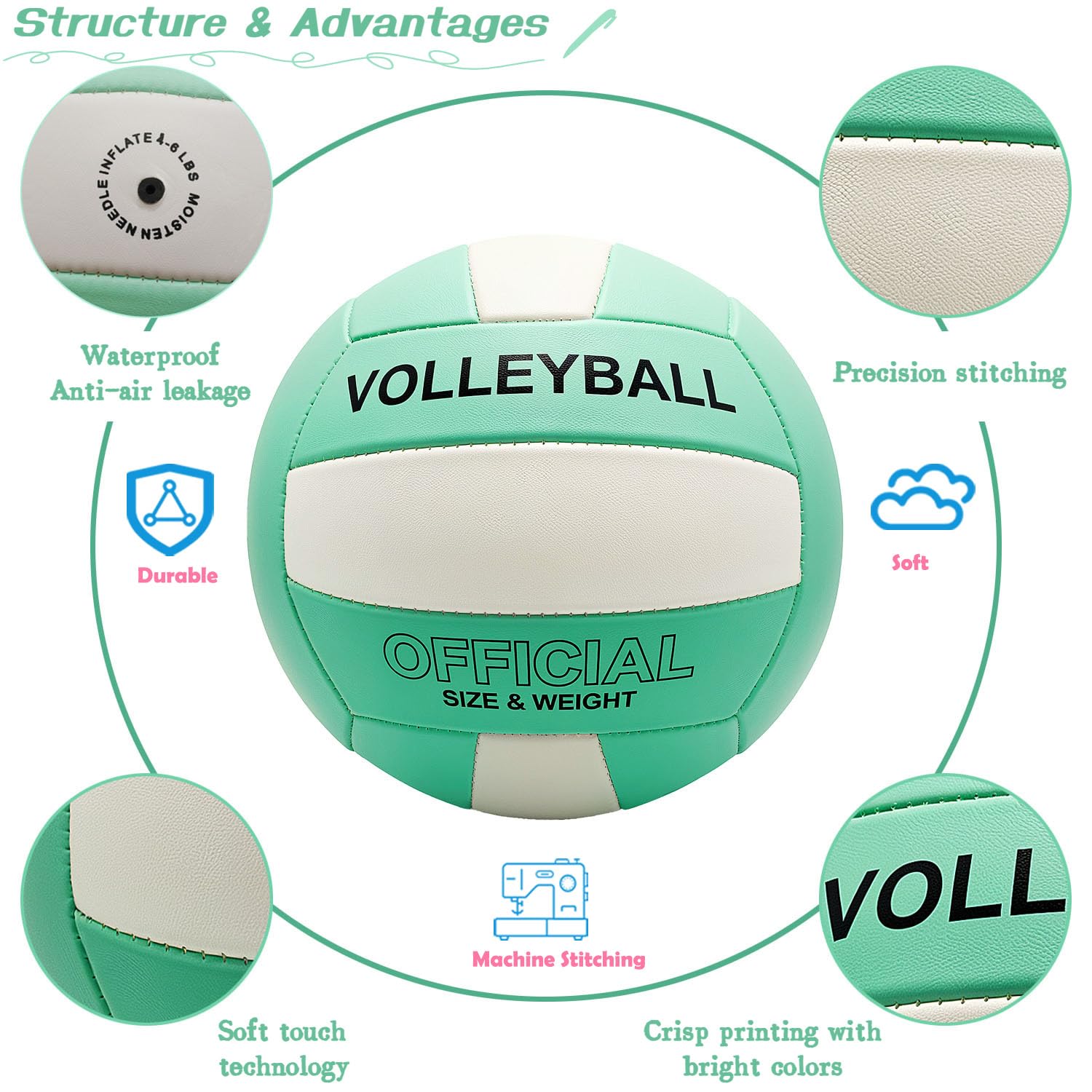 Volleyball, offizielle Größe 5 für drinnen und draußen, weicher Volleyball für Mädchen, Jungen, Teenager, Erwachsene, Strand, Poolspiel, Fitnessstudio, Training & Anfänger