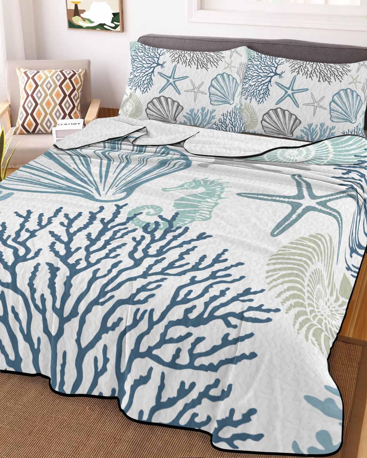 3-Piece Summer Quilt King Size, Blue Ocean Lightweight Cooling Bedding Comforter Blanket with 2 Pillow Shams, Coastal Coral Starfish Shell Conch Seahorse Bedspreads Quilted Coverlet Sets 96