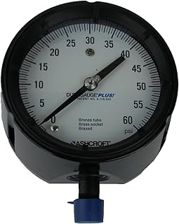 Ashcroft Duragauge Type 1279 Black Phenolic Case Pressure Gauge, C510 Grade A Phosphor Bronze Tube, Brass Tip, Silver Brazed, Brass Socket, Solid Front Case, 4.5