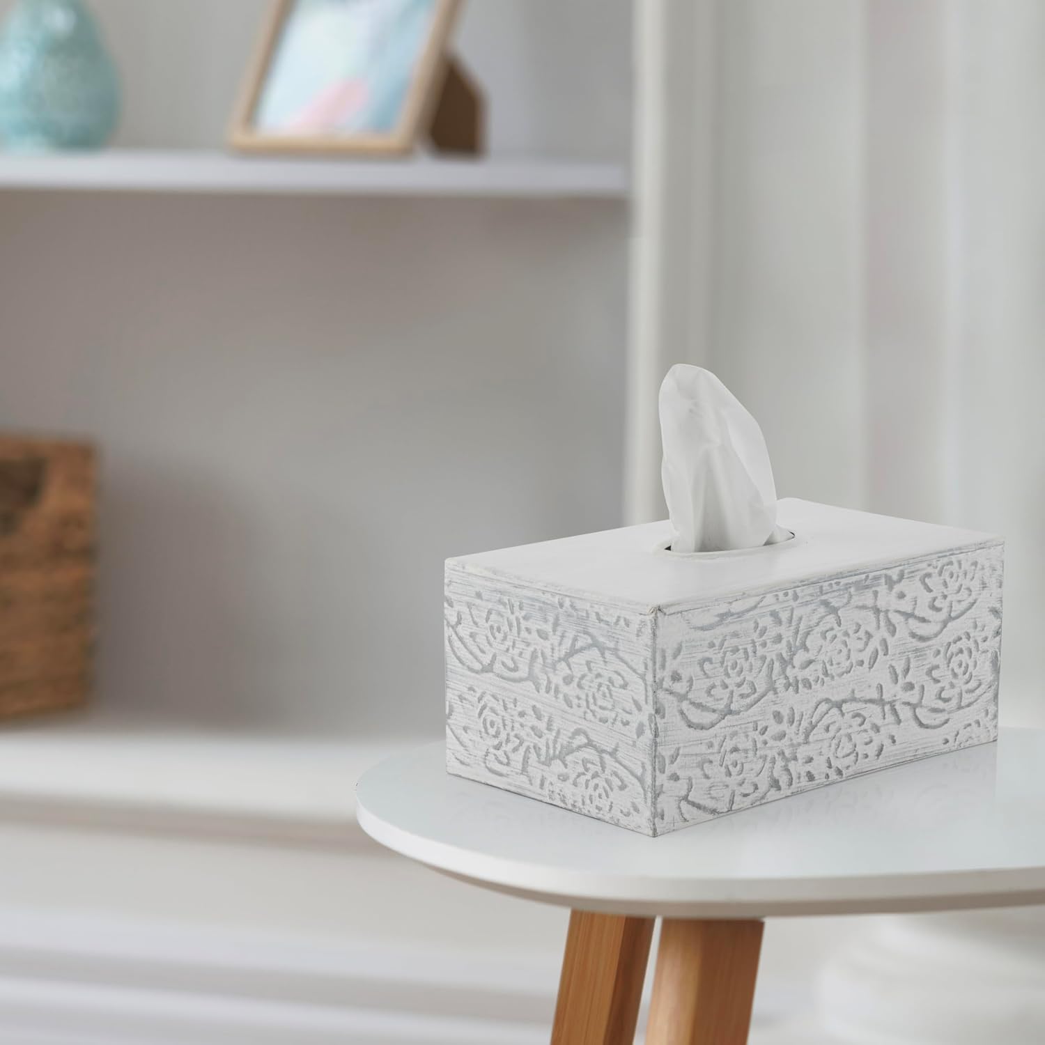 Modern Farmhouse Decorative Tissue Box Holder - Distressed White, Rustic Metal Design for Bathroom image 2