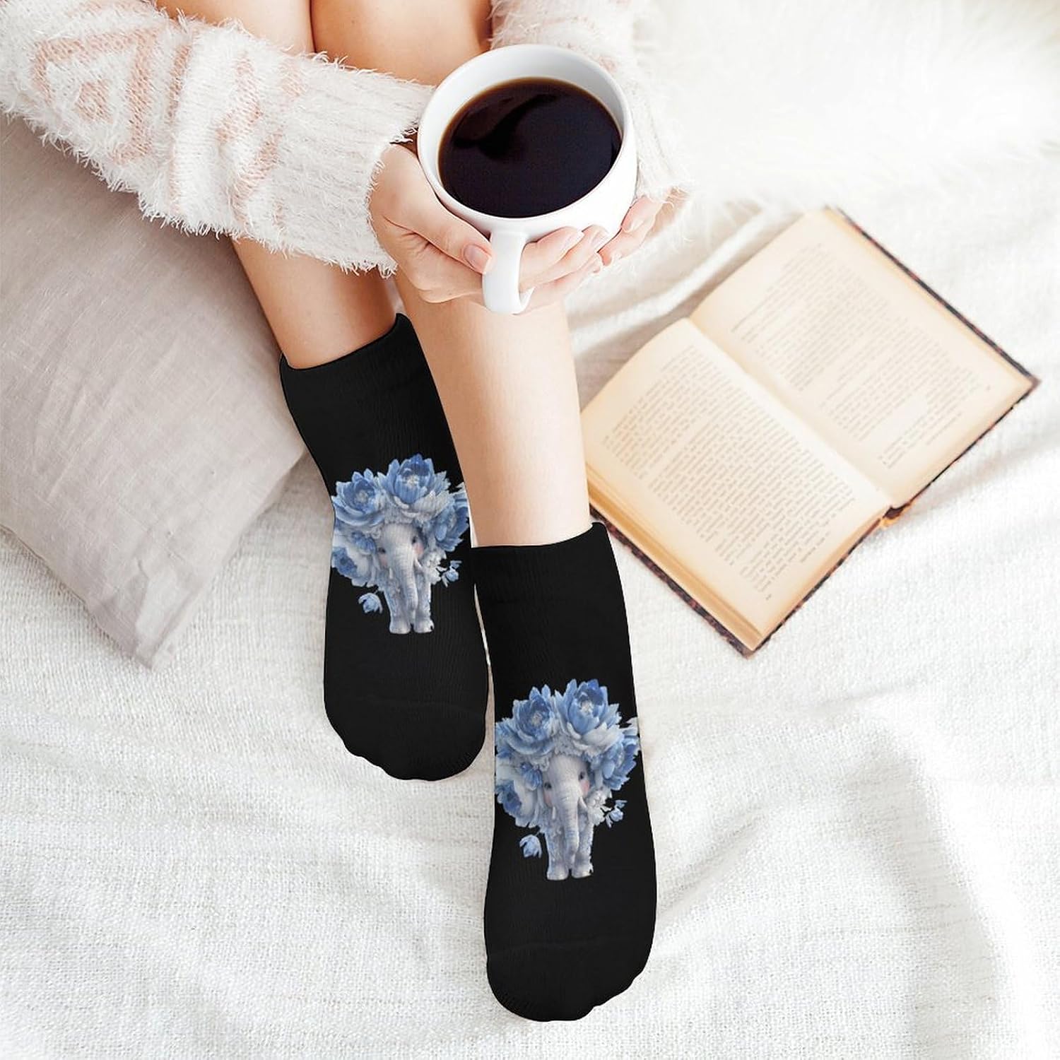Flower Elephant Socks for Men Women 5 Pairs Ankle Socks