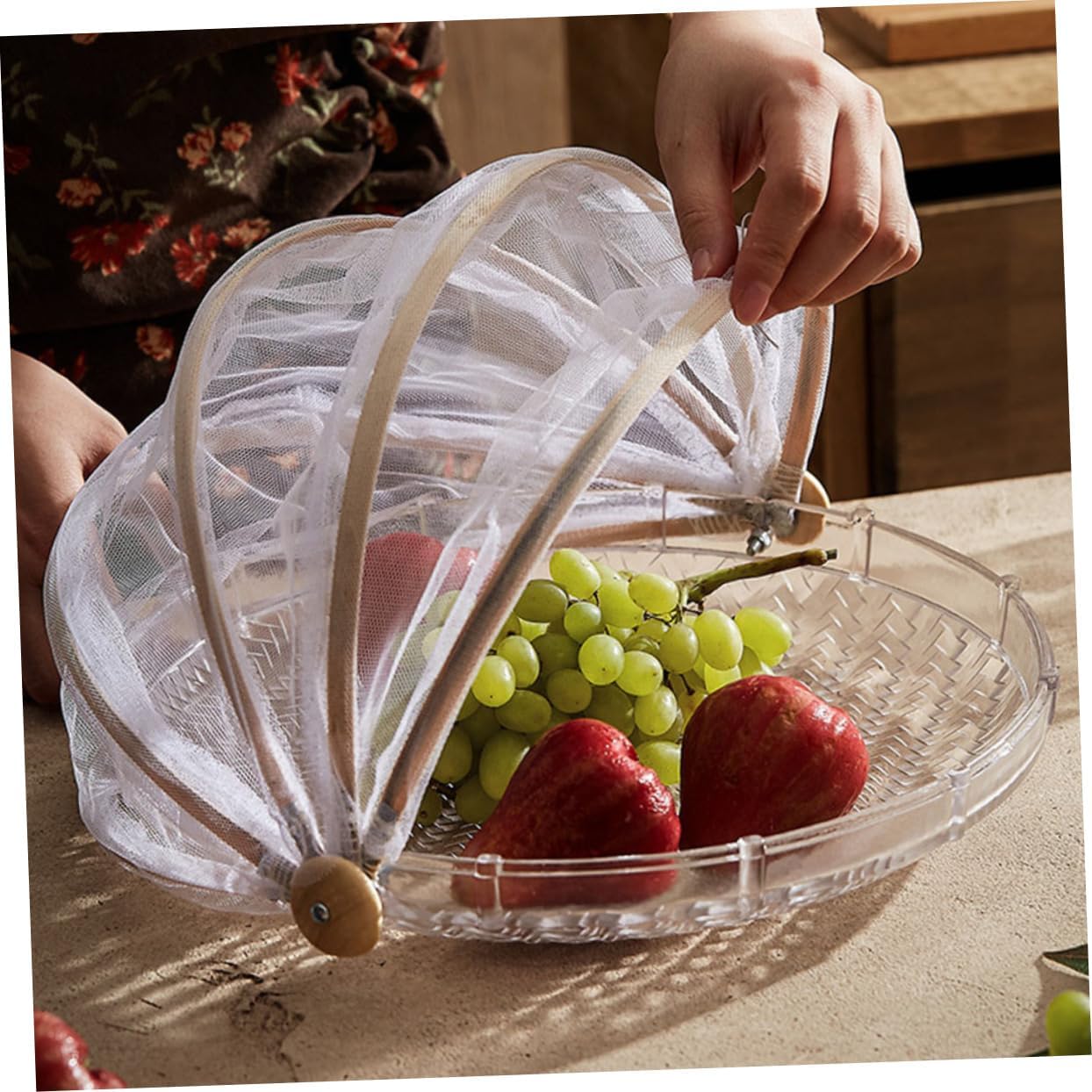 Amosfun Bamboo Drying Food Cover with Mesh Portable Outdoor Storage Basket for Fruits and Bread for Picnics and Camping Keeps Food Fresh and Protected