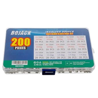 BOJACK 15 Values 200 pcs Fast-Blow Glass Fuses Assortment Kit 5x20mm 250V 1 5 10 15 20A 6x30mm 250V 1 2 3 5 6 7 8 10 15 20A amp packag in a Clear Plastic Box