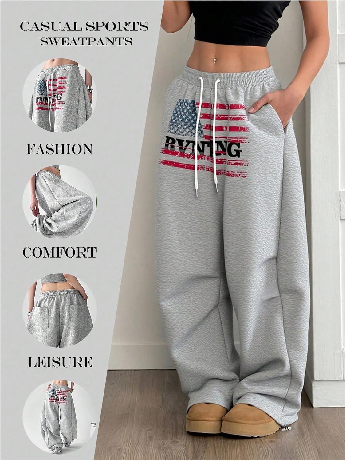 GORGLITTER Women's USA Graphic Wide Leg Jogger Sweatpants Baggy Y2k Elastic Waist Straight Leg Loose Track Barrel Pants