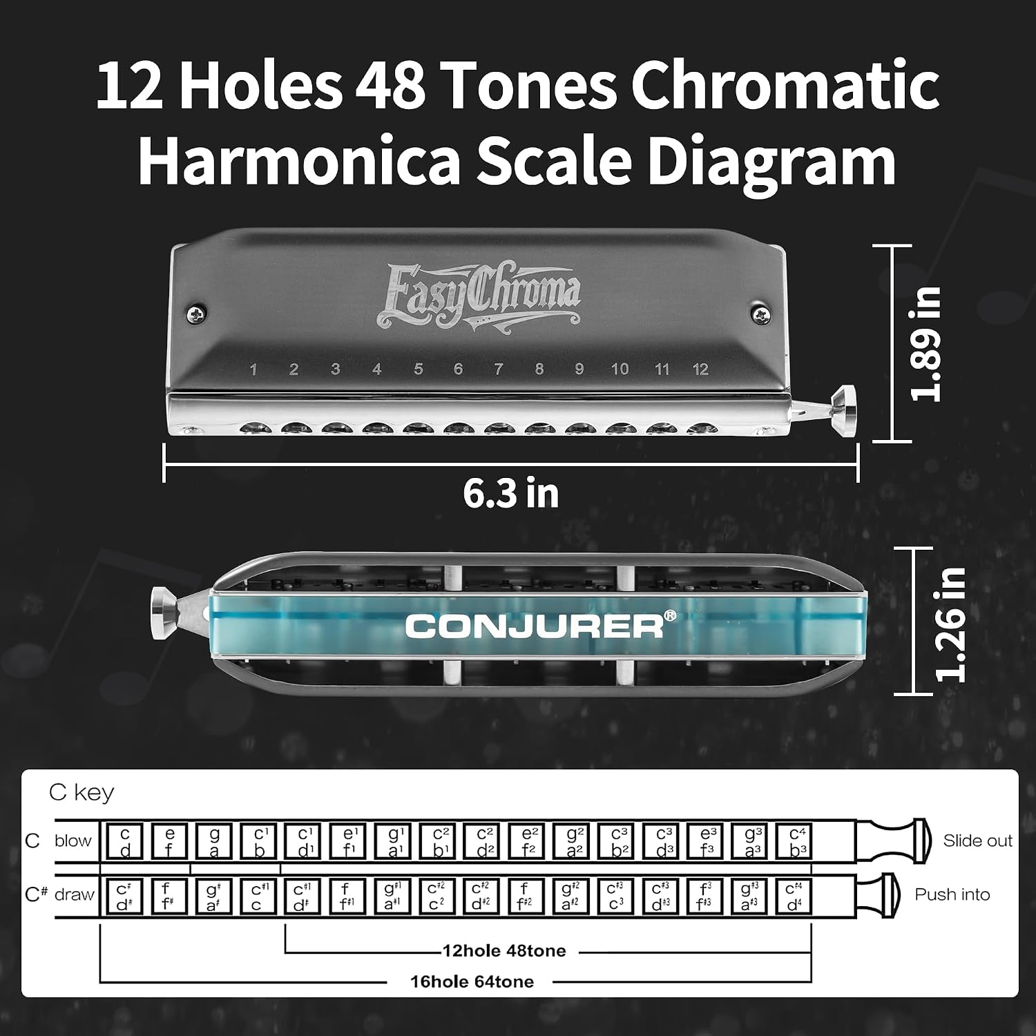 Conjurer Chromatic Harmonica 12 Hole Advanced C Key Mouth Organ for Professionals Beginners Adults as Gift