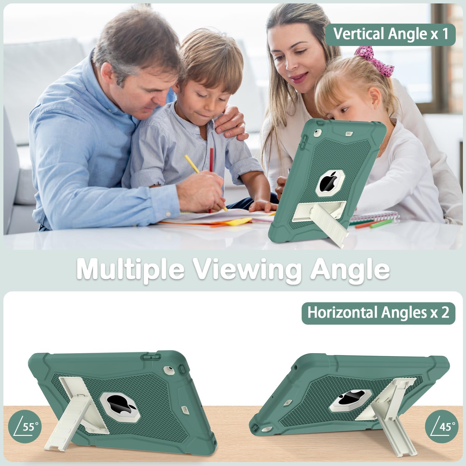 AVAWO Case for iPad 9th/8th/7th Generation(10.2 inch, 2021/2020/2019), Heavy Duty Military Grade Shockproof Protective Cover with Built-in Stand/Pencil Holder for i Pad 9/8/7 Gen, Green+Beige