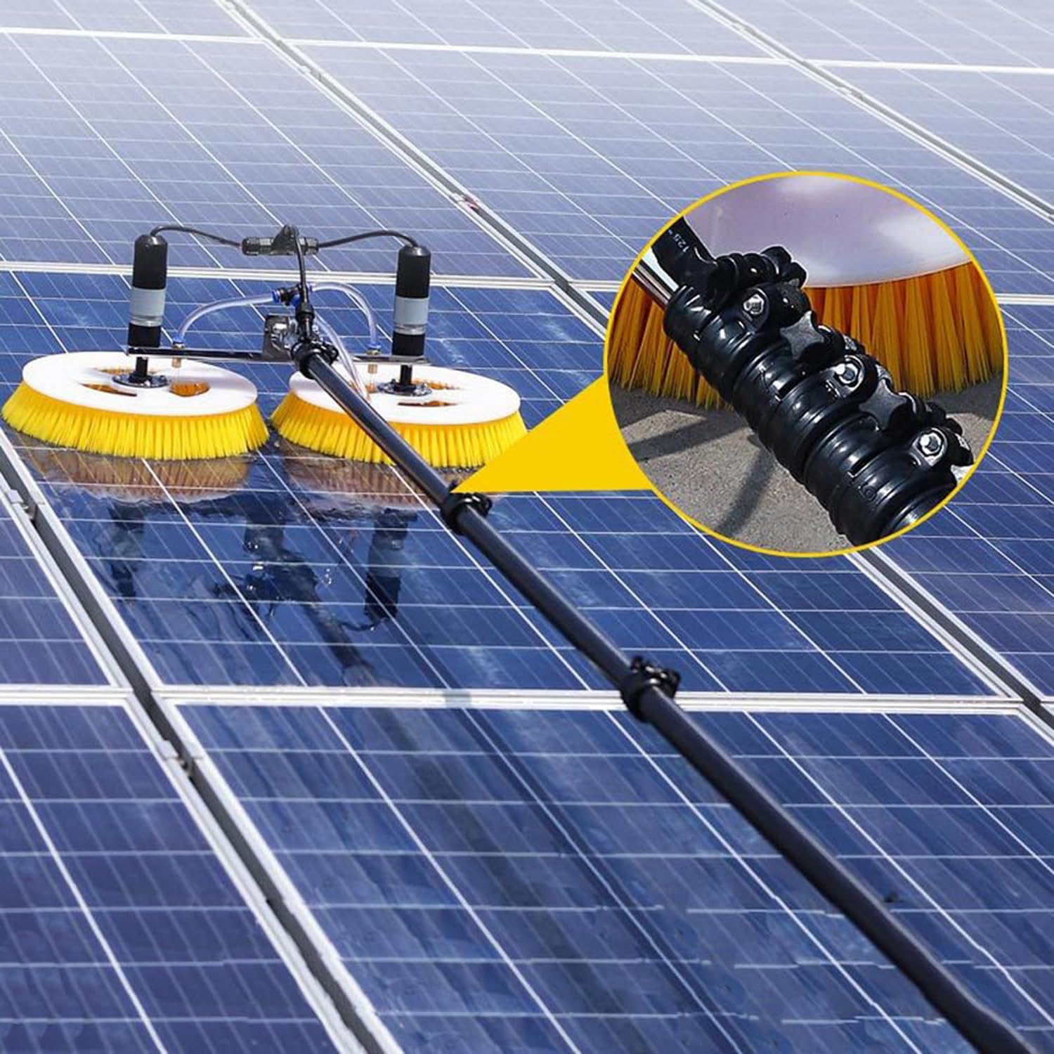Solar Panel Cleaning Brush with Pole,25.6'' Dual Head Water Fed Brush,3.5-7.5m Telescopic Carbon Fiber Pole,20m Hose Pump for Solar Farm,Commercial PV Cleaning for Removing Dust/Bird Droppings 3.5m