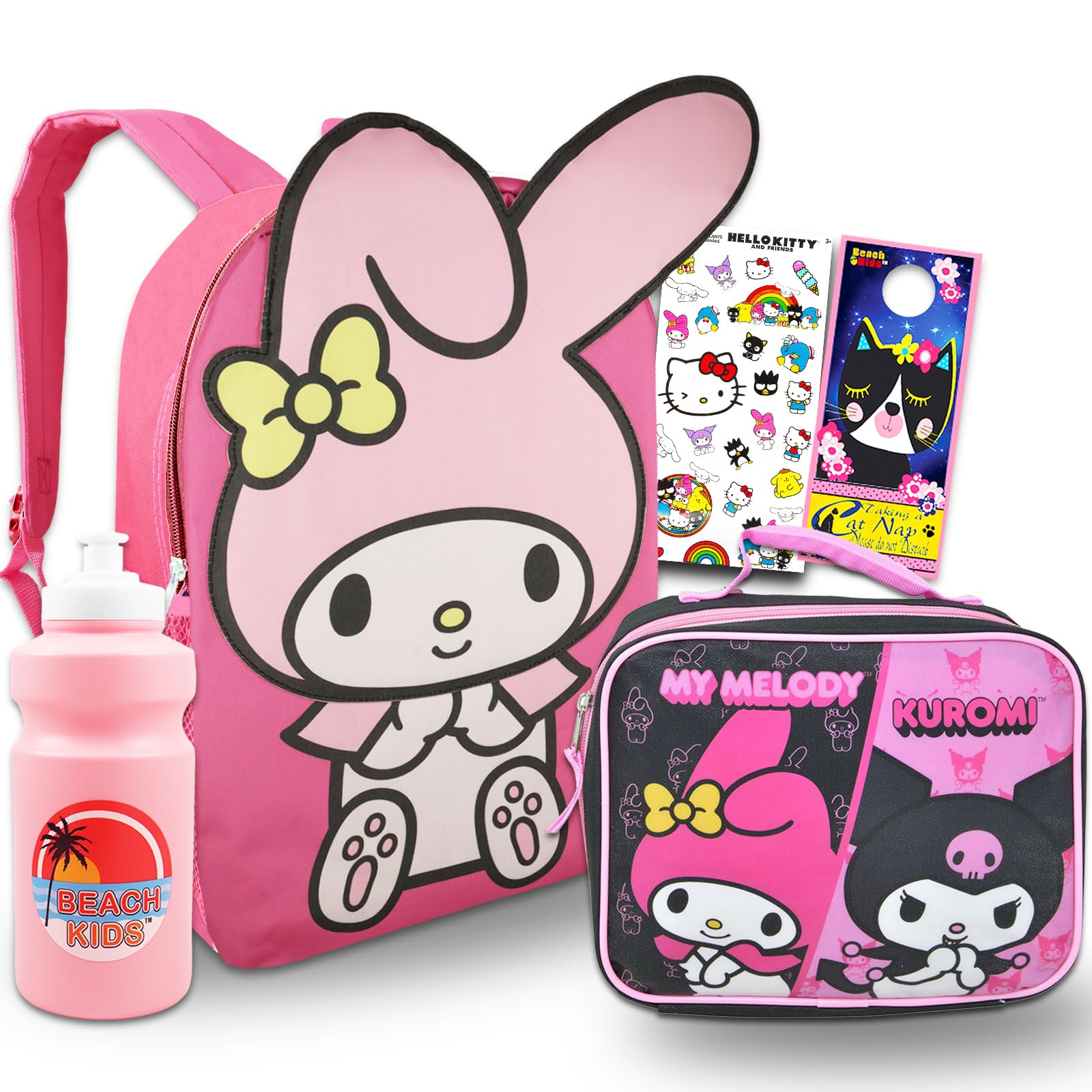 My Melody Backpack and Lunch Box Set - Bundle of 16" Backpack, Kuromi Lunch Bag, Water Bottle, Stickers, More | Hello Kitty & Friends School Supplies