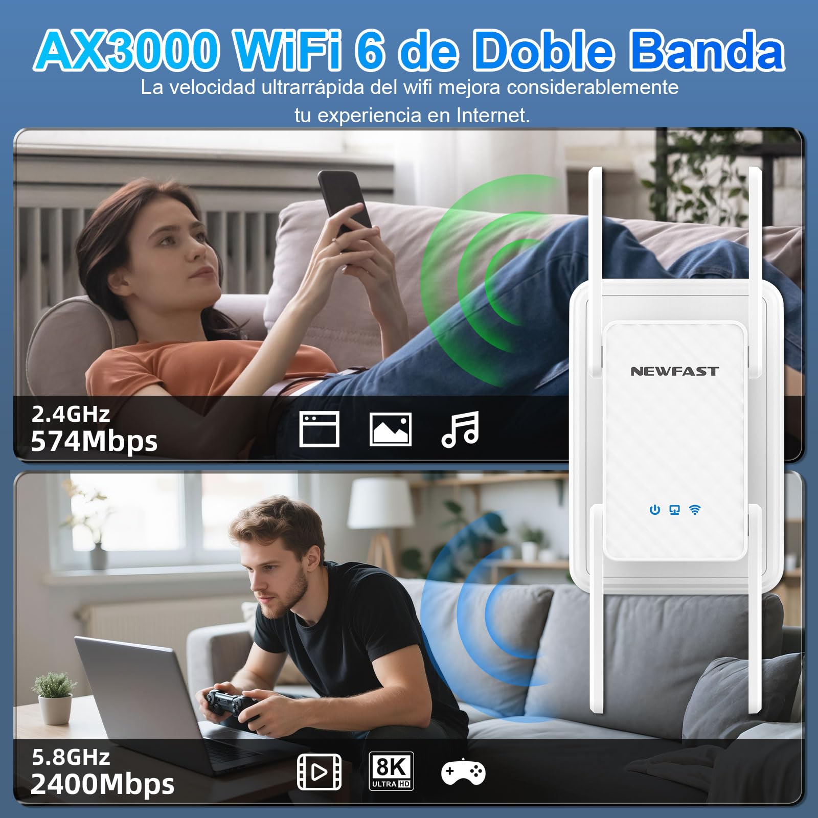 NEWFAST Repetidor WiFi 3000Mbps Amplificador Señal WiFi AX3000 Repetidor WiFi6 5.8/2.4GHz, Puerto Gigabit, 4 Antenas, WPA3, IEEE802.11ax/AC/b/g/n