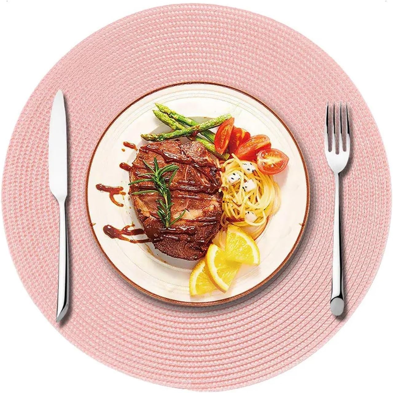 Round Braided Table Mat Cup Coasters Heat Non Slip Gift Grey Placemat for Kitchen Dining Table Pad(PPR Pink,10pcs 38cm)