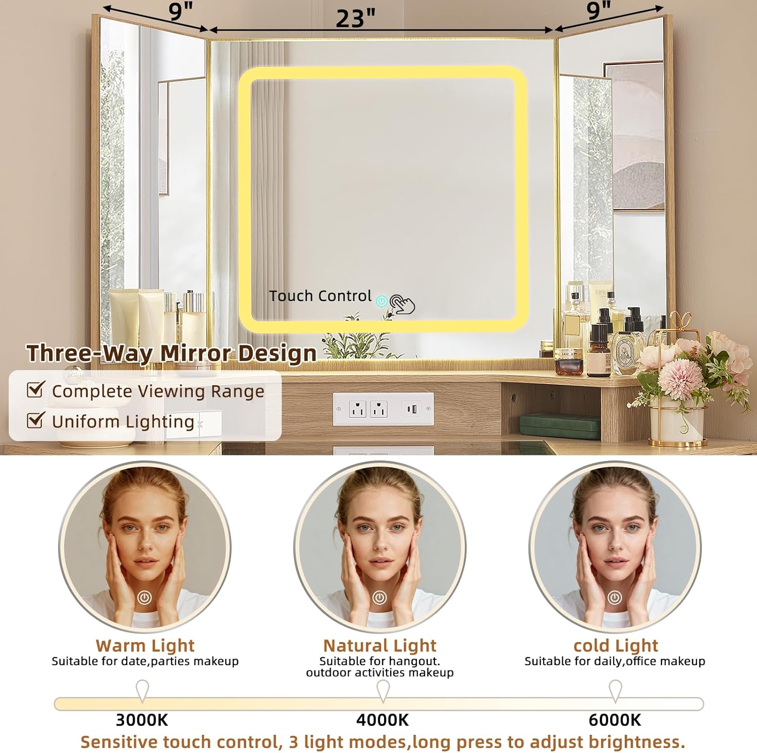 Close-up of the 3-way mirror with LED lights, showing touch controls and different light temperature options.