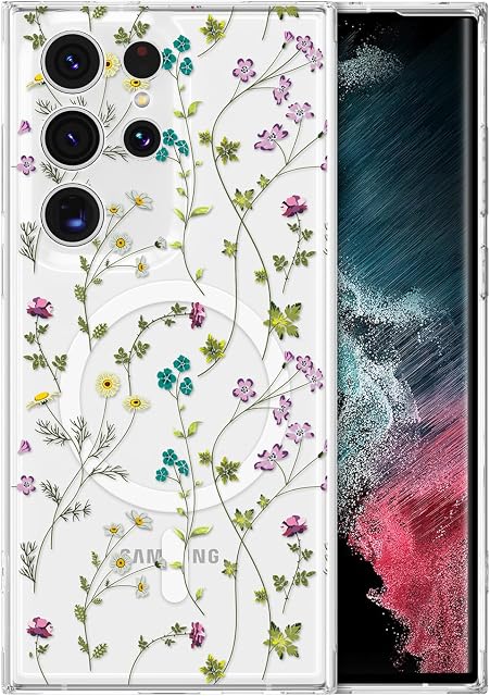 RALEAVO for Samsung Galaxy S23 Ultra Case Compatible with MagSafe Clear Floral Case with Flower Branch Pattern for Girls Women Slim Cute Hard Back Shockproof S23 Ultra Phone Case,Transparent | For Samsung S23 Ultra Magnetic Flower Case Compatible wit