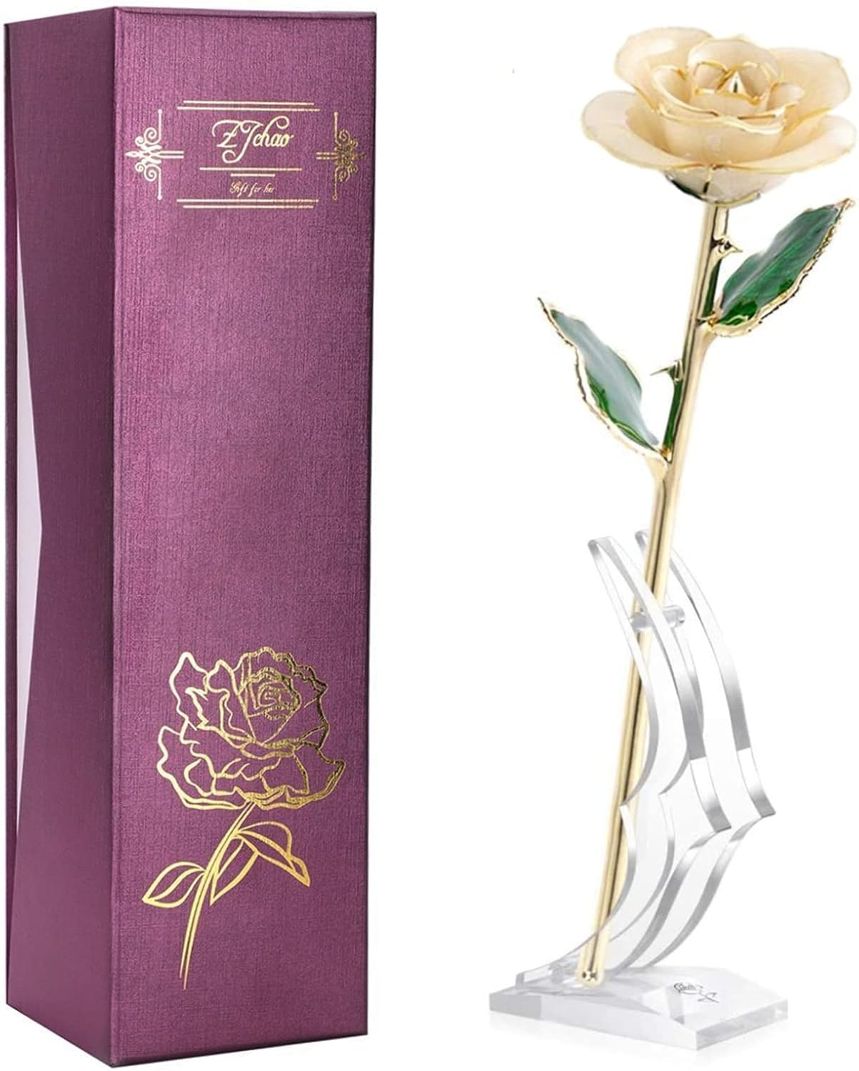 ZJchao 24K Beige Rose Christmas Gifts for Her, Dipped Gold Rose Love Real Golden Plated Preserved Eternal Flower with Rose Stand Present for Wife/Mom/Grandma (Beige)