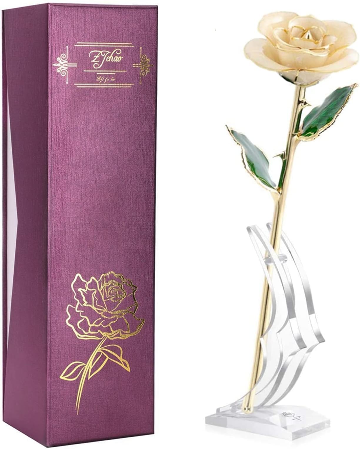ZJchao 24K Beige Rose Christmas Gifts for Her, Dipped Gold Rose Love Real Golden Plated Preserved Eternal Flower with Rose Stand Present for Wife/Mom/Grandma (Beige)