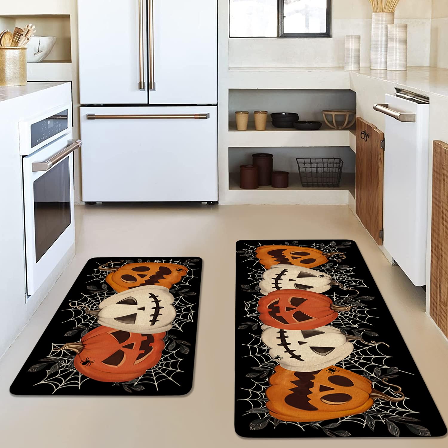 Set De 2 Tapis De Sol Citrouille Et Chat Noir Pour Cuisine - Ambiance Halloween & Ferme Moderne, Antidérapant