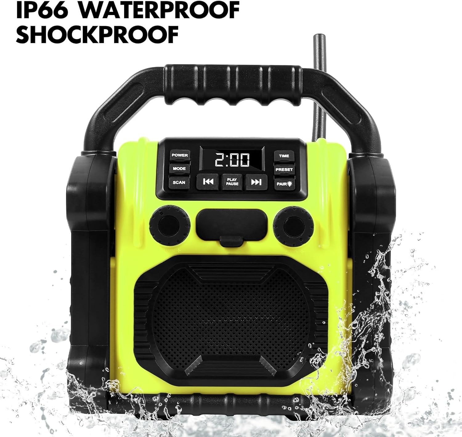 Outdoor Radio Waterproof Jobsite Bluetooth Speaker, 30W IPX 66 FM Clock Radio Portable with LED Lights, Anticollision FM Radios for Constrution Site/Outdoor/Fishing/Party/Camping