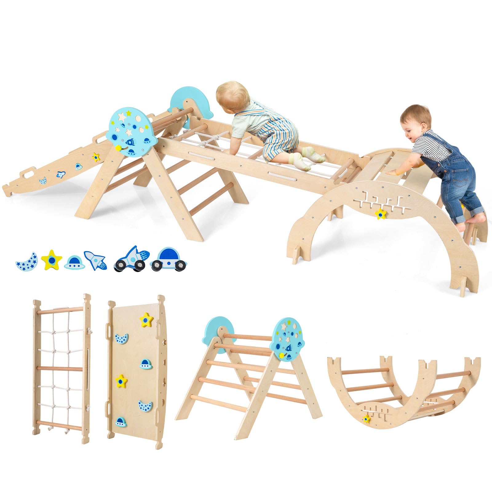 COSTWAY 8 in 1 Set da Arrampicata per Bambini, Giocattoli da Arrampicata in Legno con Triangolo Arco Rampa e Corda, Giochi Montessori per Bambini 1 Anni + (Astronauta 4 pezzi, Naturale)
