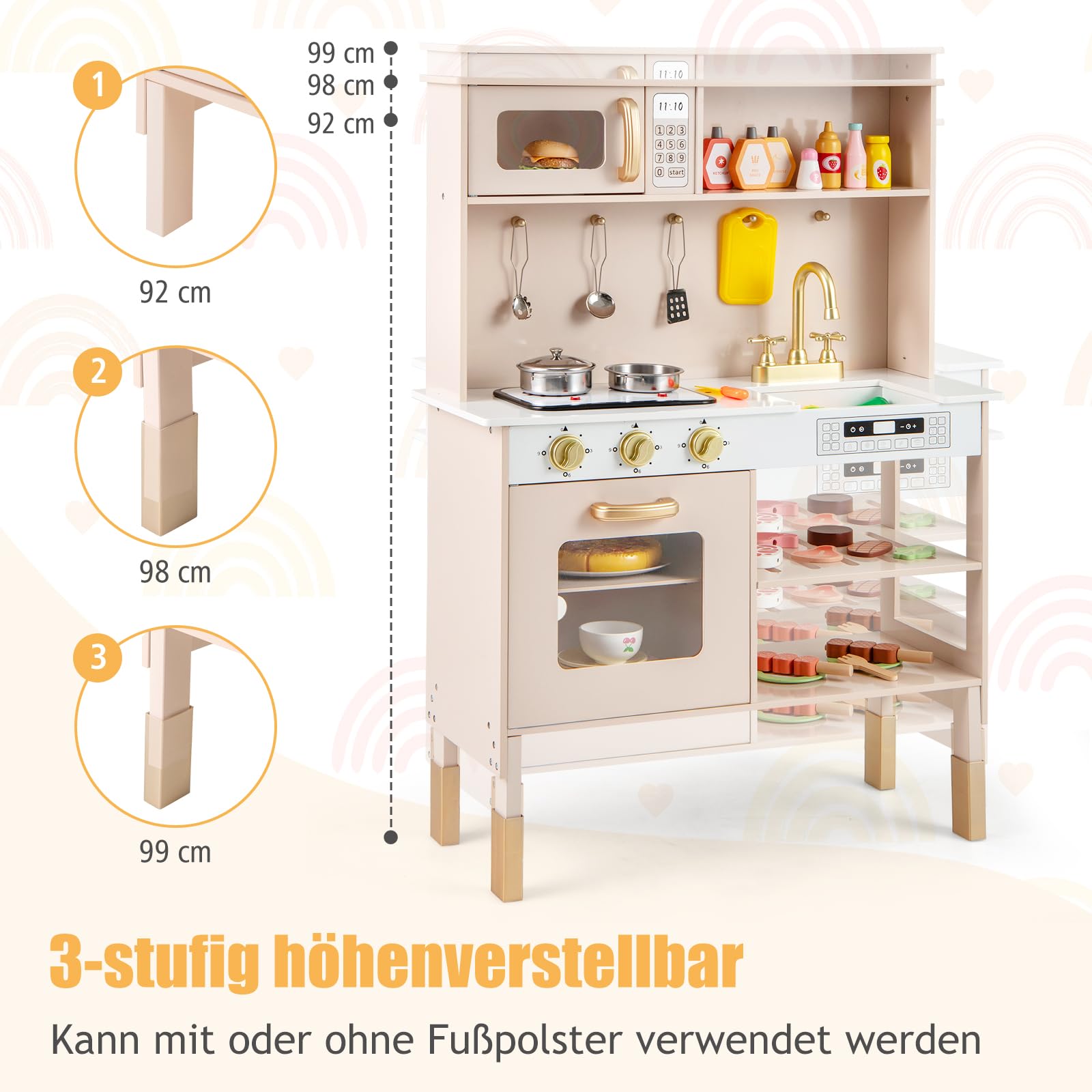DREAMADE Kinderküche aus Holz, Spielküche mit Geräuschen & Lichtern, höhenverstellbare Holzküche mit Ofen, Mikrowelle, Herdplatte, Spüle & Zubehör, Spielzeugküche mit Stauraum für Kinder ab 3 Jahren