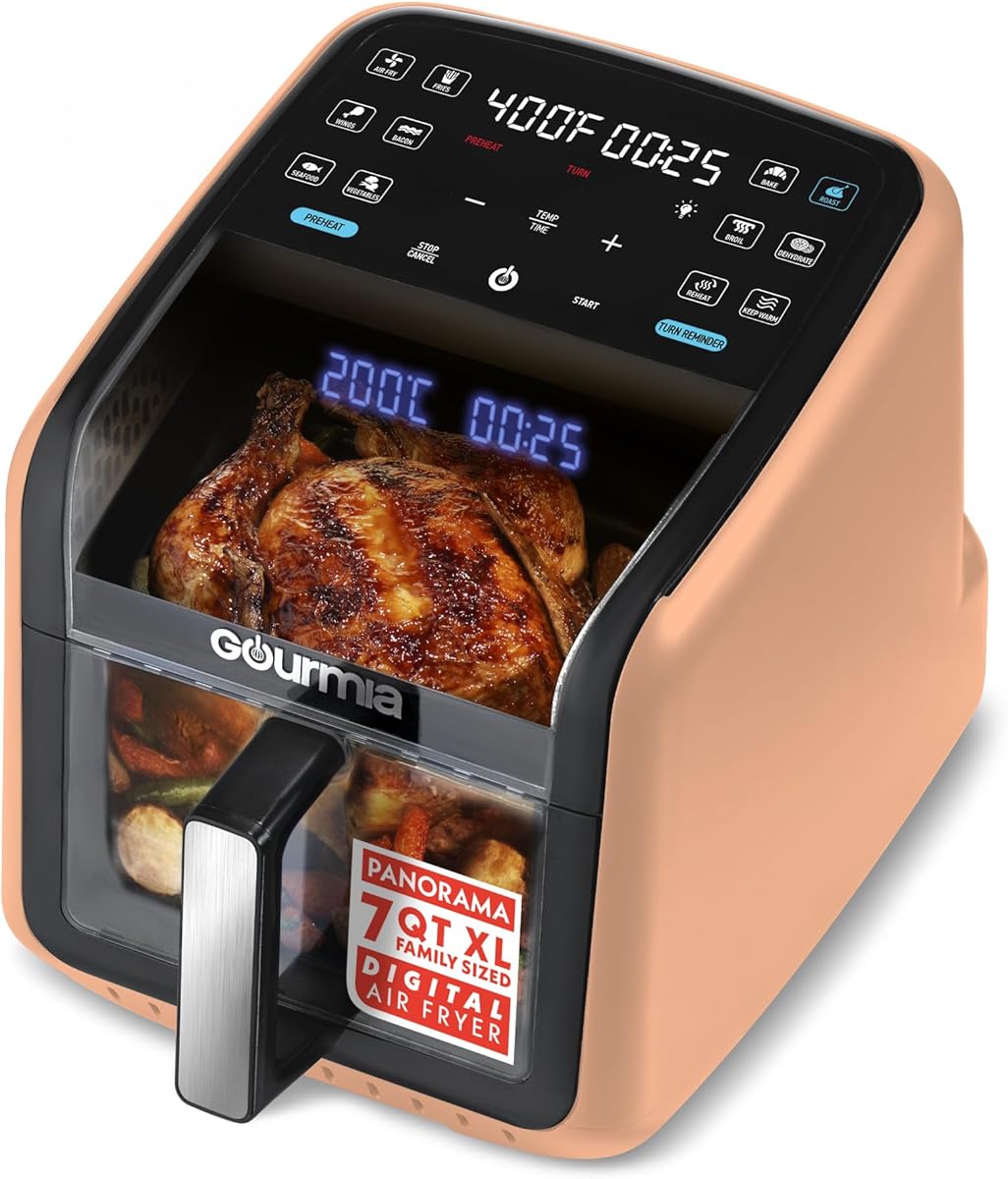 Gourmia Air Fryer 7 QT - Easy View Panoramic Window & Interior Light, Guided Cooking with 12 One-Touch Presets, FryForce 360, Dishwasher Safe Accessories, Peach