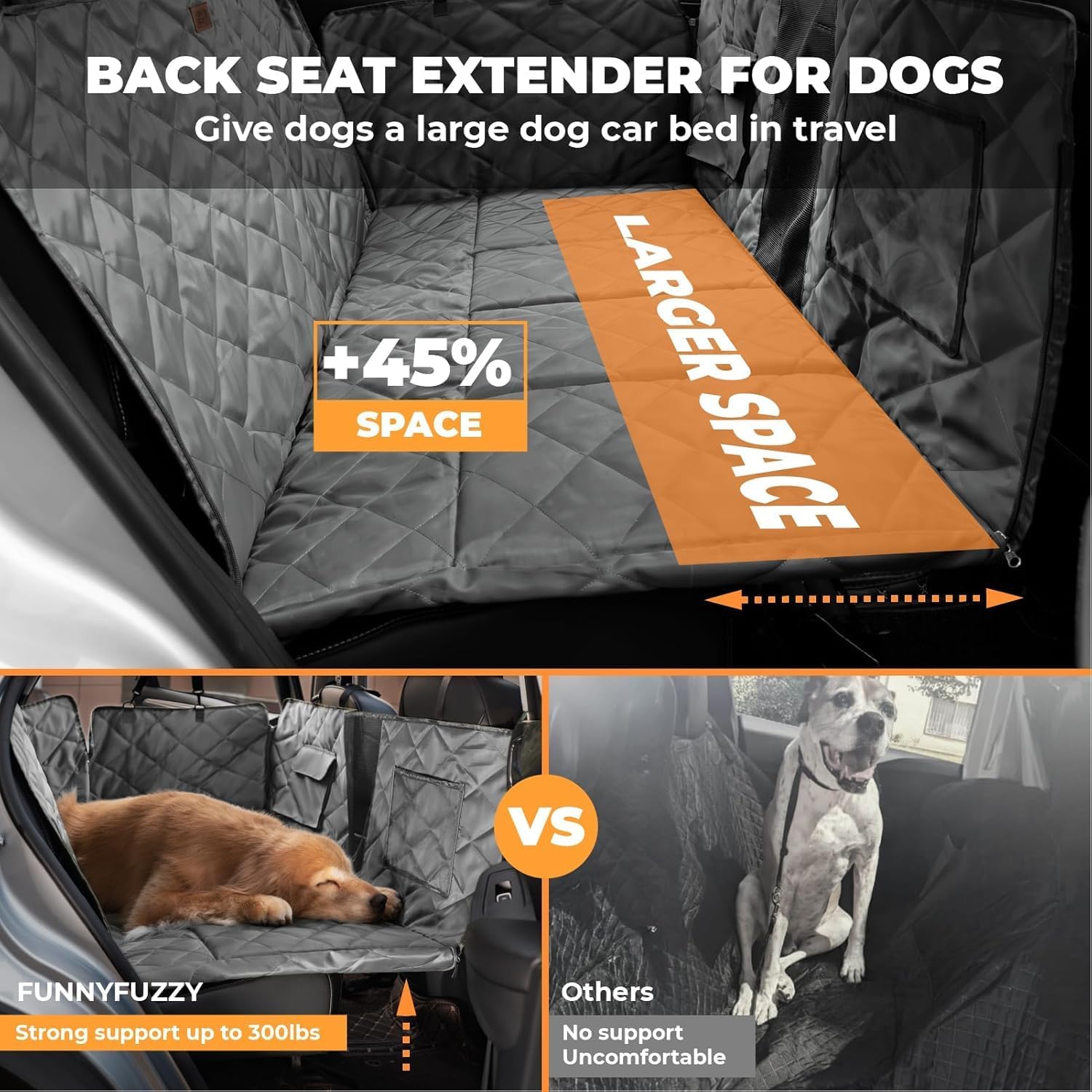 FUNNY FUZZY Dog Car Seat Cover, Back Seat Extender for Dogs - 420Lb Hard Bottom Waterproof Pet Car Seat Cover, 600D Heavy Duty Pet Hammock with Non-Slip Bottom for Cars, SUV, Trucks