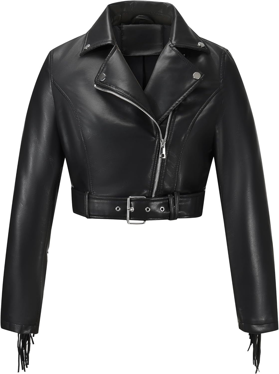 XULIKU Women Short Faux Leather Moto Jacket,Tassel Trim Lapel Zipper Up Pleather Coat Belted - Image 4