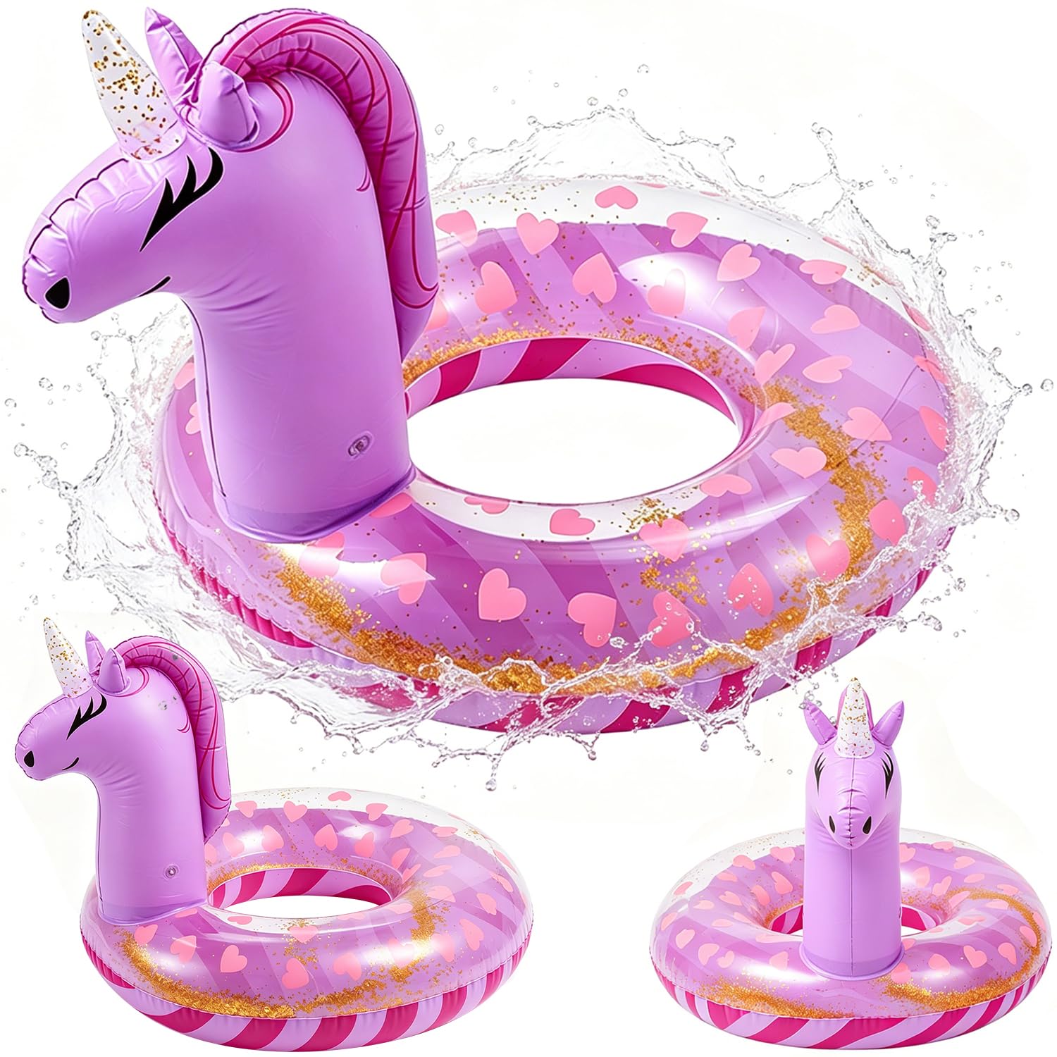 Unicorn Inflatable Floats Rings, Girls Unicorn Inflatable Pool Rings with Glitter, Summer Swimming Ring for Water Toys Party for Kids Swimming Pool Water Sports - Purple