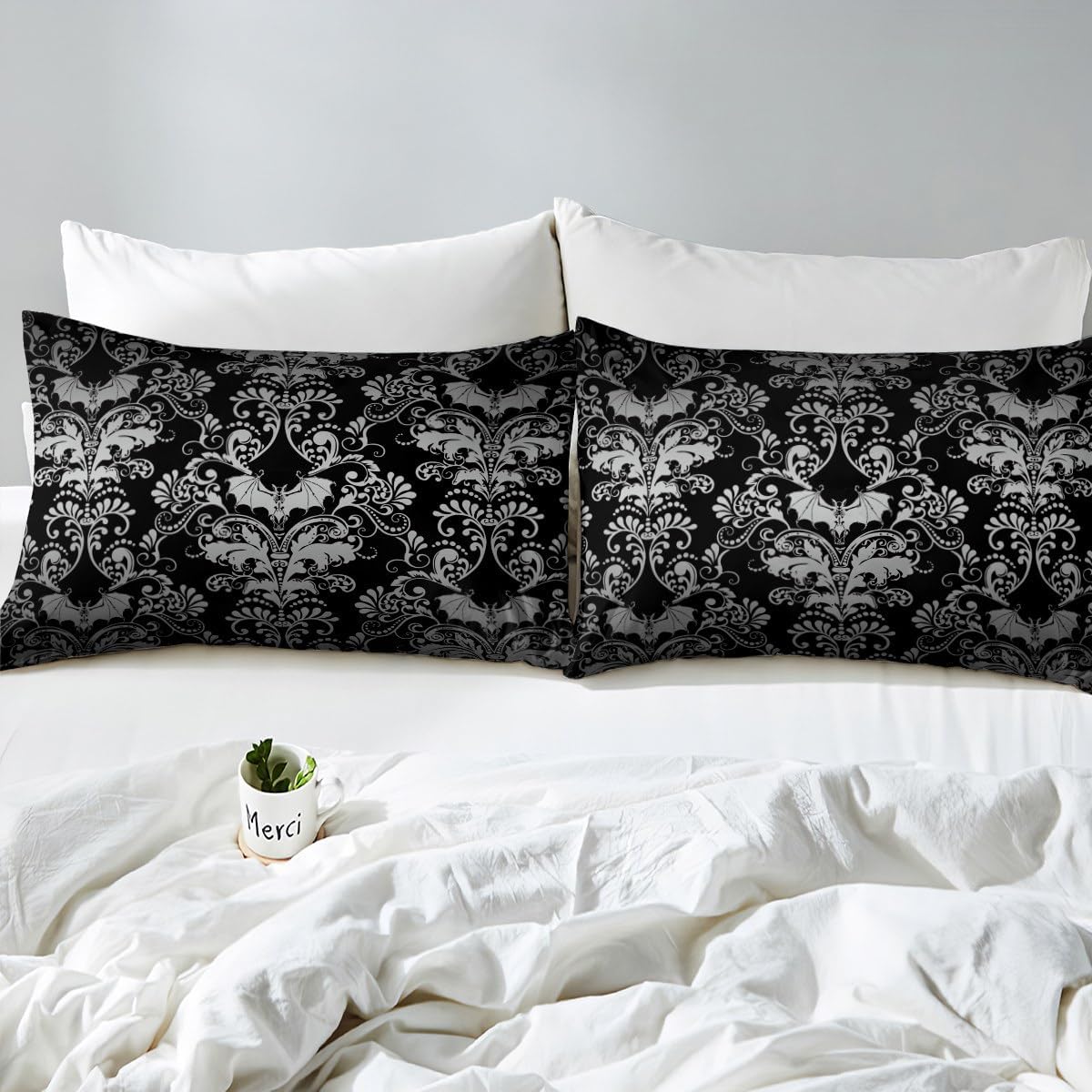 Erosebridal Adults Damask Gothic Bedding Set Antique Victorian Duvet Cover Queen,Vintage Floral Goth Comforter Cover Bat Bed Set,Bats Sugar Skull Bone Skeleton Baroque Boho Decor,Black and Grey