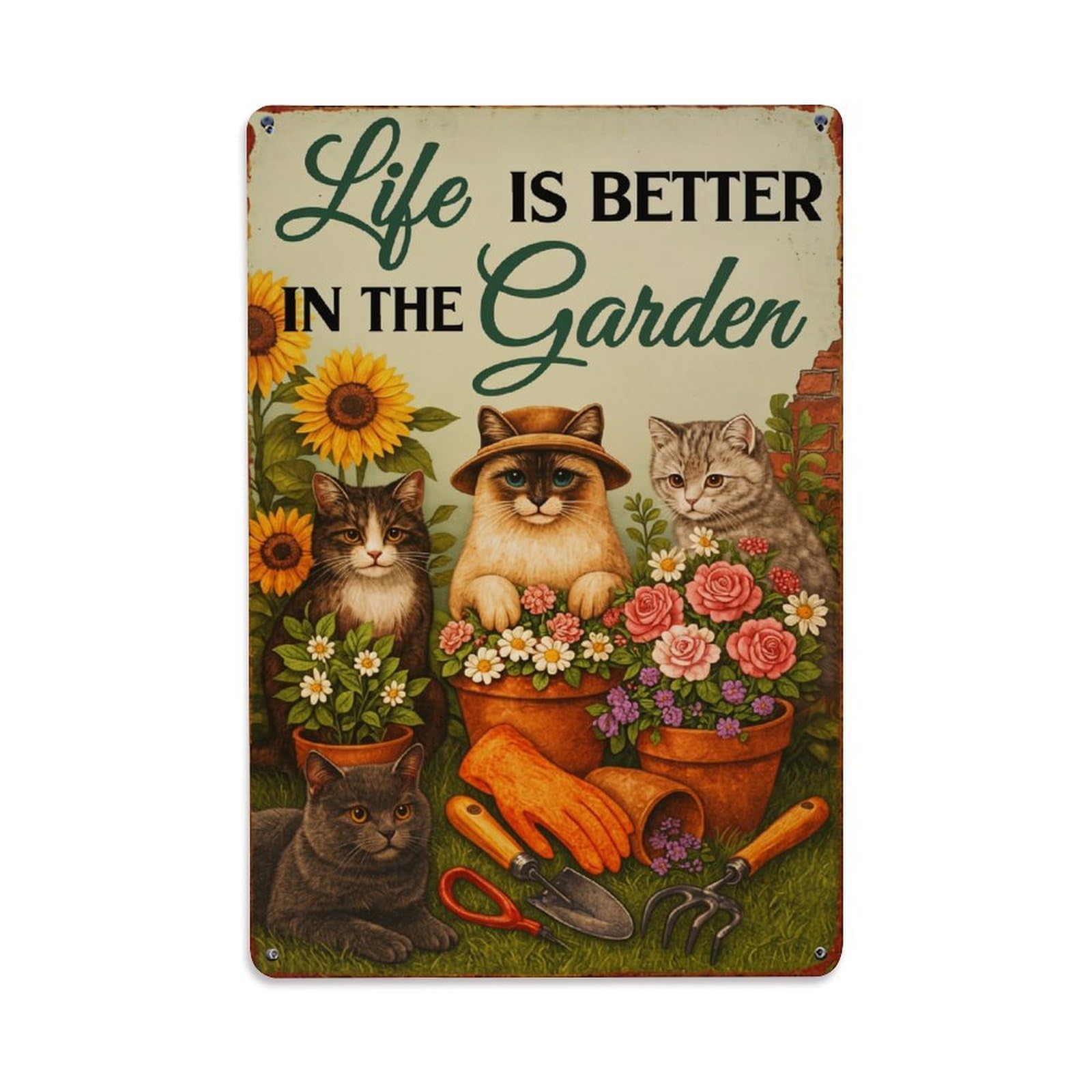 Cats Flowers Garden Tools Sunflowers Tin Sign Metal Poster Vintage Metal Signs for Home Man Cave Bar Cafe Kitchen laundry room Wall Decorations Gift 8x12Inch