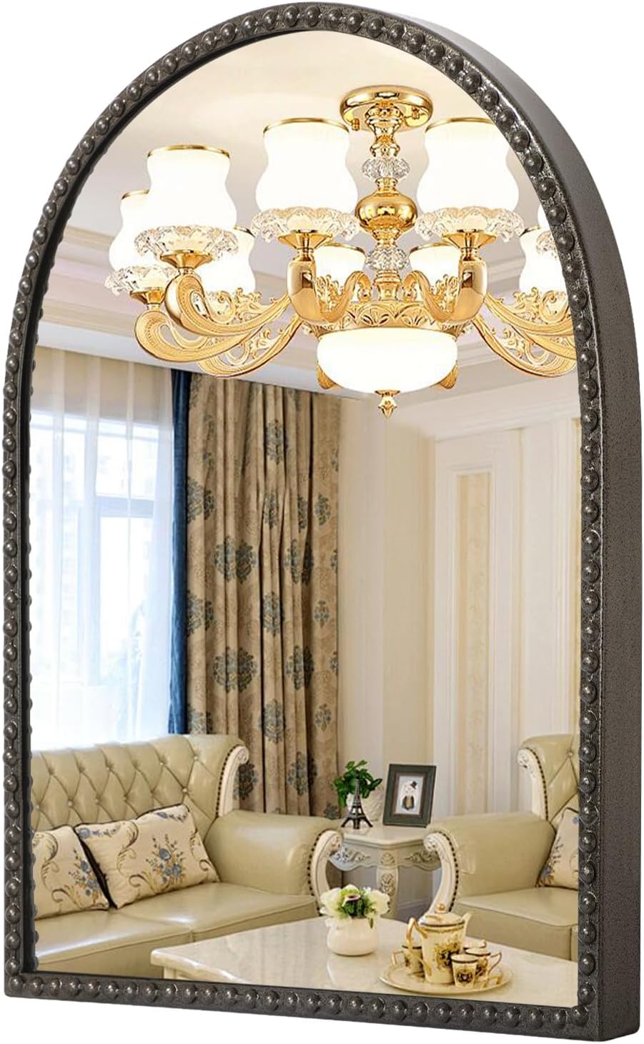 Gold Arched Mirrors for Wall, Beaded Framed Metal Accent Wall Mirror Decorative Bathroom Living Room Bedroom Entryway 30"x20"