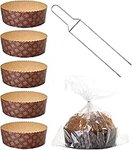 FAH - Low Panettone Mould Kit (5pcs x 1 kg) + Panettone Pin + 5 Bags with Closures, Professional Panettone Cases of Pure Cellulose Corrugated Paper, Heat Resistant 220 °C