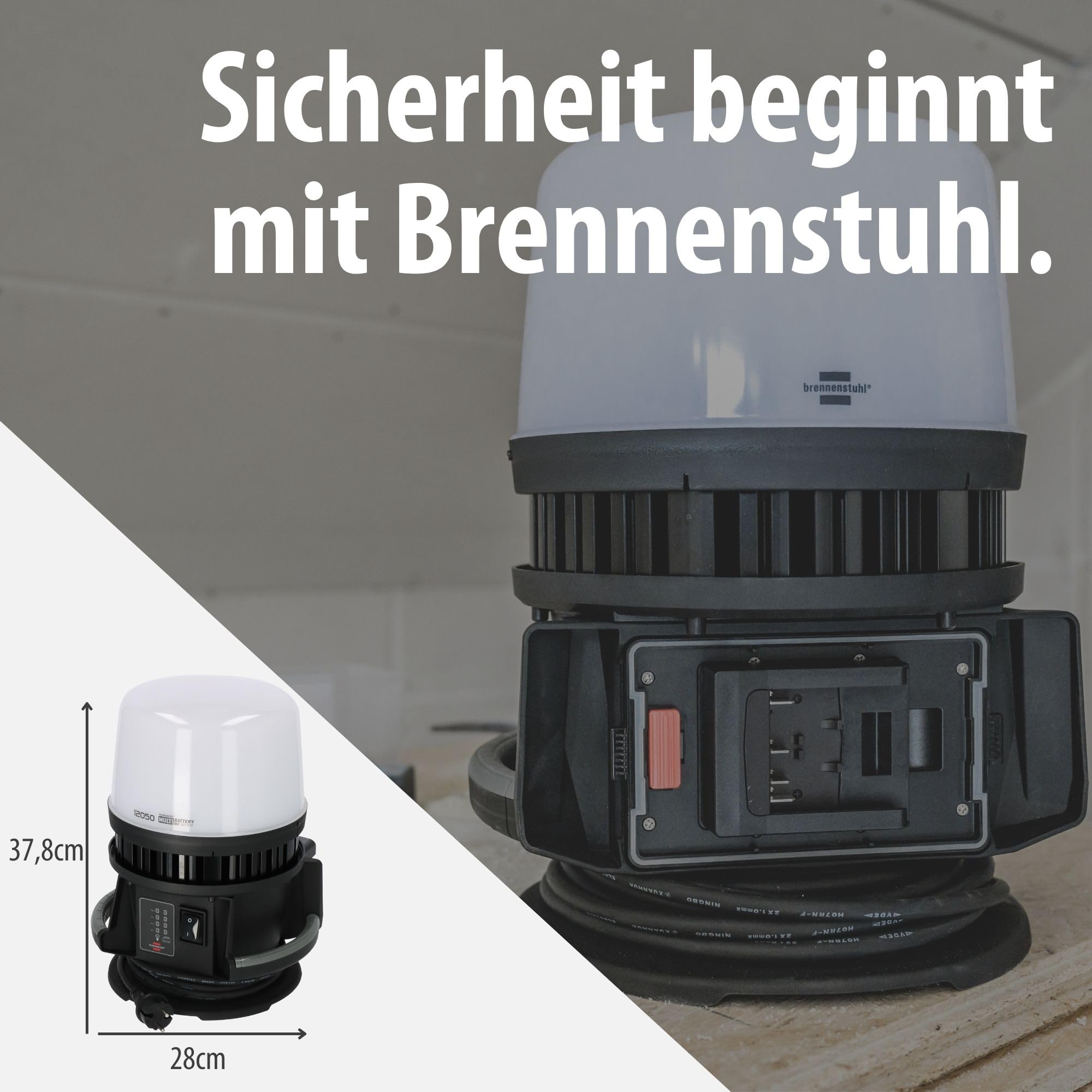 Brennenstuhl Professional Multi Battery Projecteur de chantier LED 12050 MH 360° hybride (100W, 12000lm, IP54, compatible avec batterie 18V (non fournie) de 9 fabricants, 5m H07RN-F)