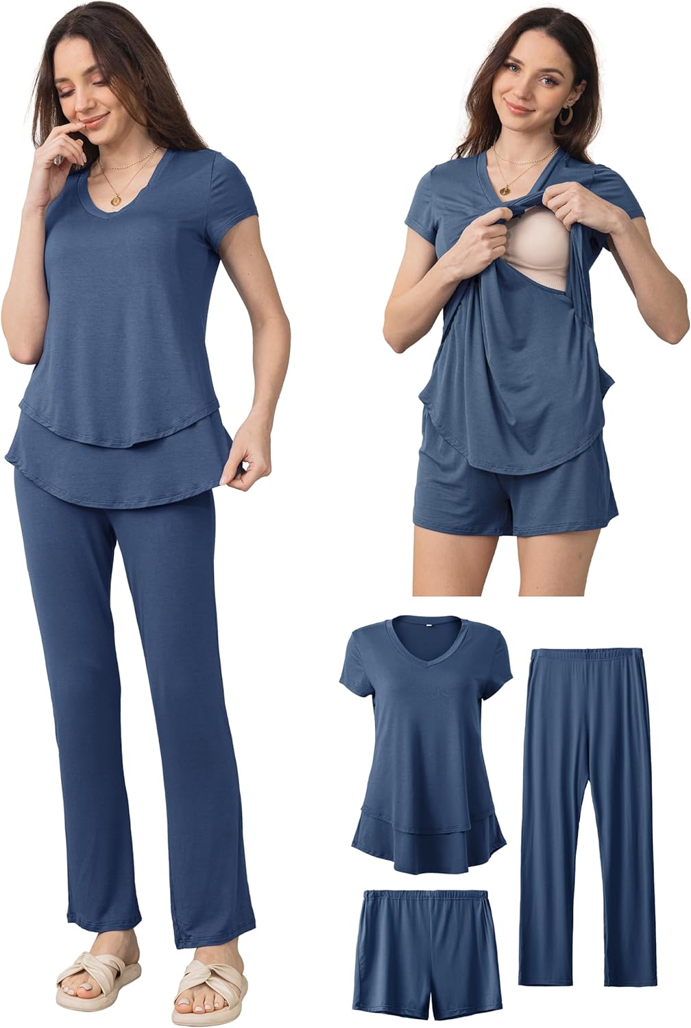 SUNNYBUY 3 PCS Maternity Breastfeeding Pajamas Set, Hidden Nursing Tops, Adjustable Pregnancy Shorts & Pants Postpartum PJS