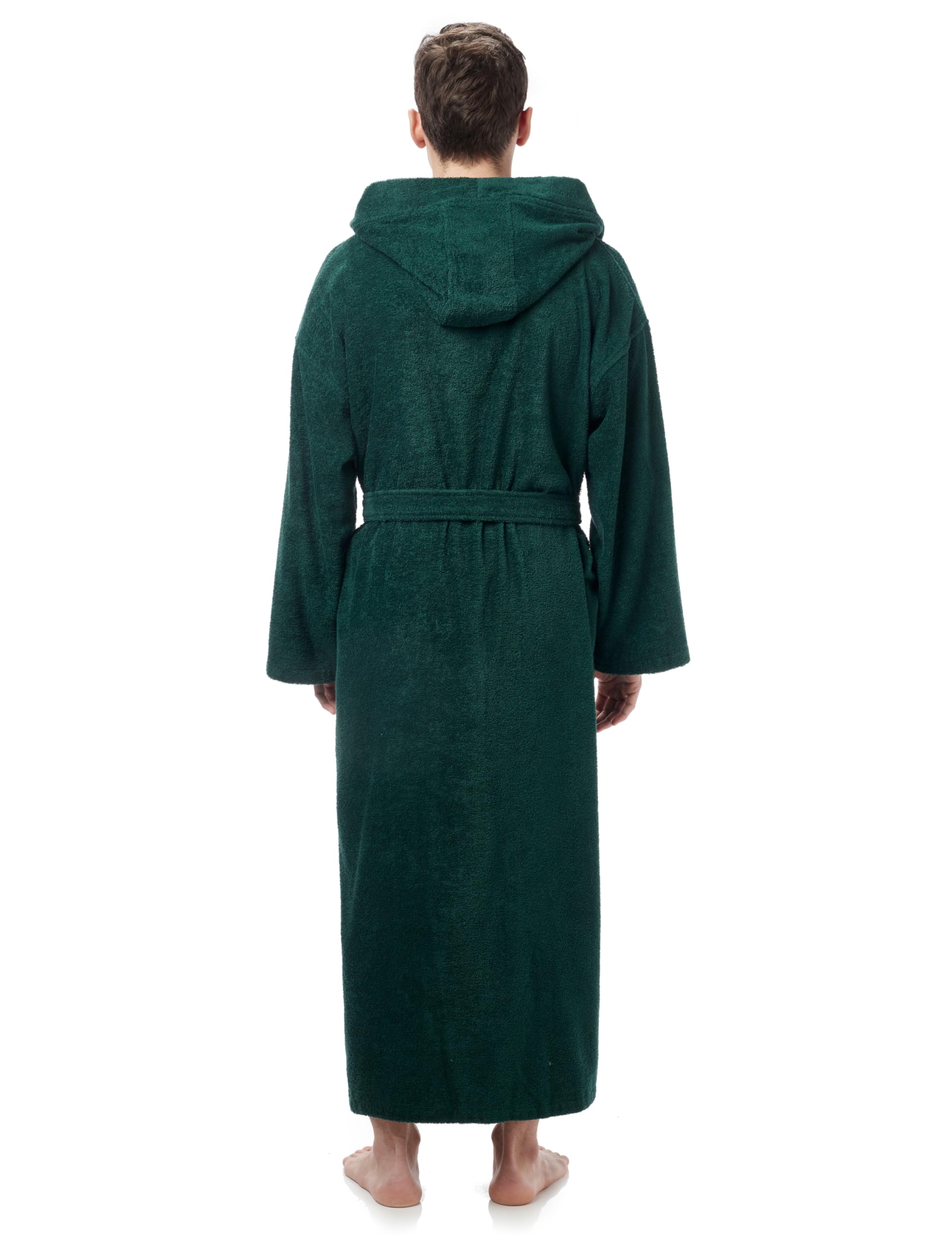 Arus Hood'n - Accappatoio da uomo in cotone turco con cappuccio, lunghezza alla caviglia, verde scuro, Large