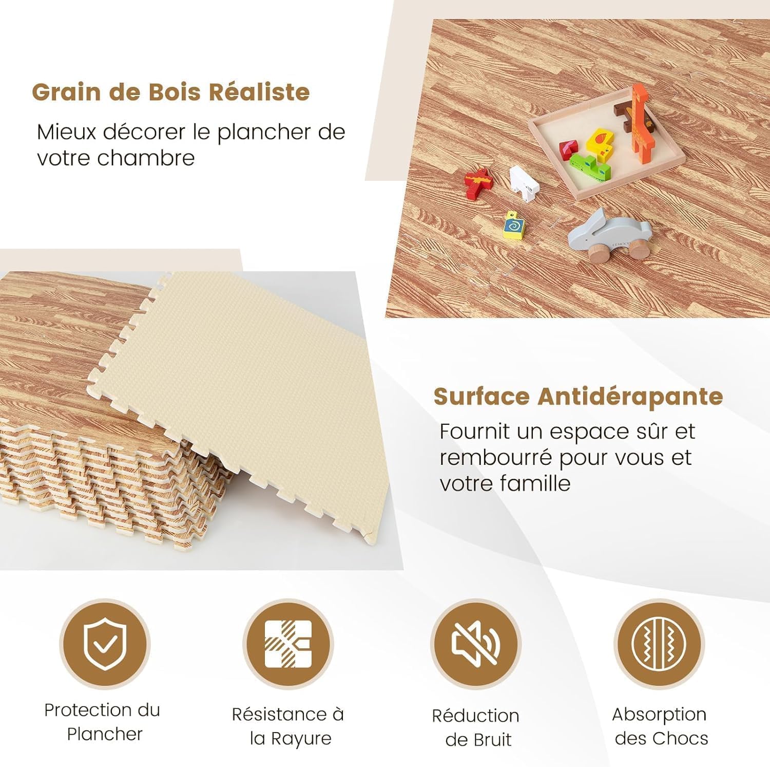 GOPLUS Tapis de Protection Fitness Puzzle en Mousse EVA, Tapis de Sport de Sol 12 Dalles Effect Bois, 61x61CM, Tapis Matelas Épais Antidérapant Couvre 4,5m² pour Gym, Salle de Sport, Garage, Piscine