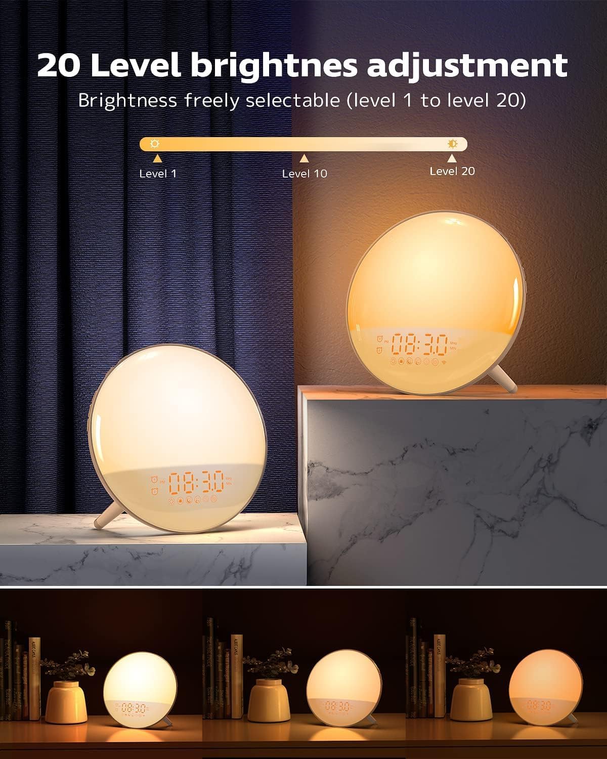 Dekala Sunrise Alarm Clock, Wake-Up Light with Smart App Control, 4 Alarms for Heavy Sleepers, FM Radio, 7 Natural Sounds for Kids Adults, Sunrise/Sunset Simulation, Ideal Gift