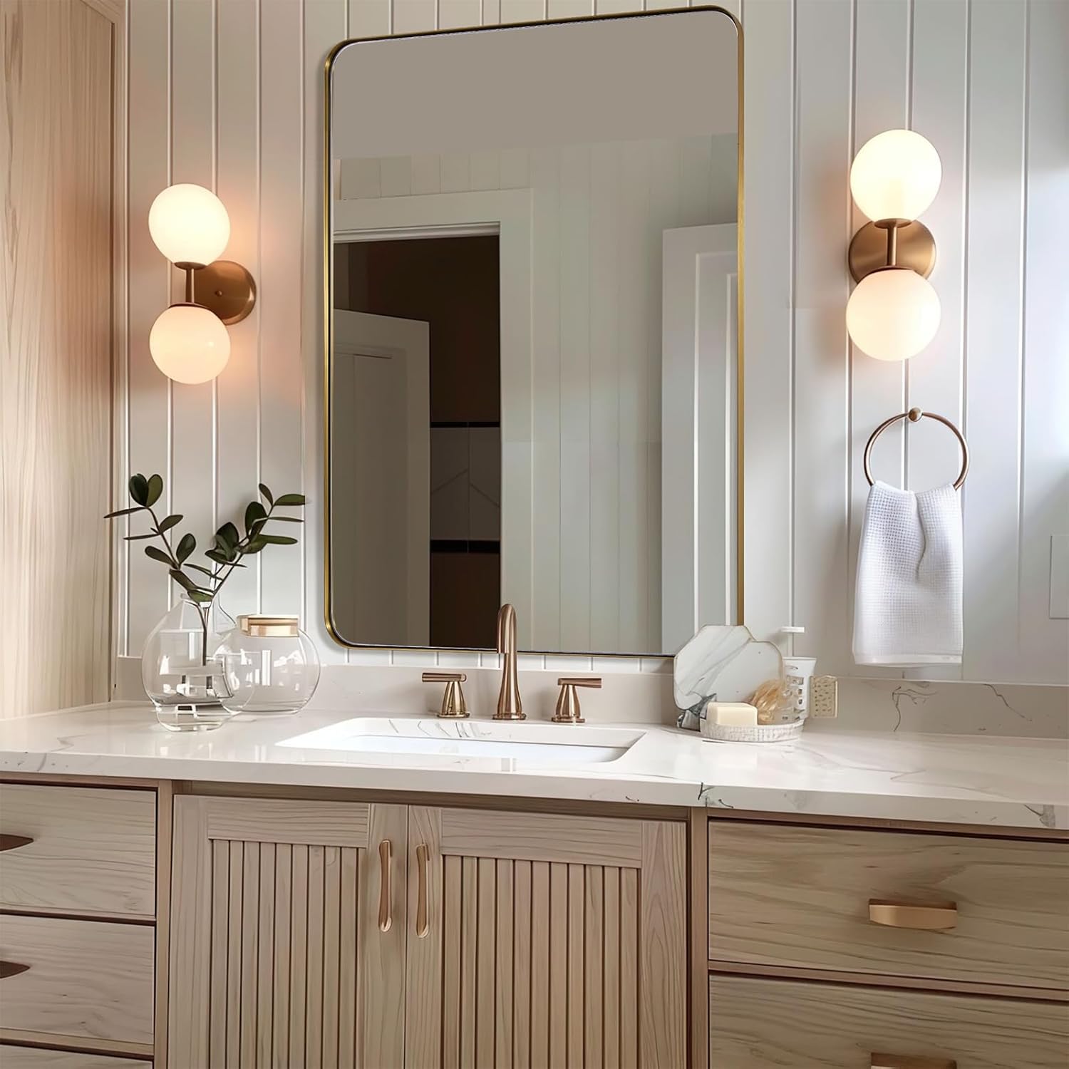 ANDY STAR 36”x48”Gold Bathroom Mirror for Wall, Brushed Brass Metal Rounded Corner Rectangle Mirror, Wall Mirror in Stainless Steel Metal Frame, 1”Deep Set Design Hangs Horizontal Or Vertical