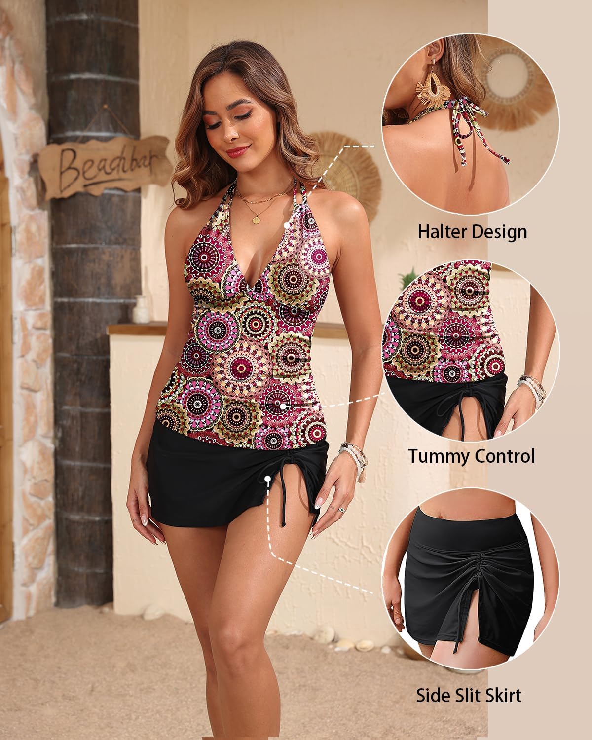 Yonique 2 Piece Swimsuits for Women Halter Tankini Top with Skirt Bottom Tummy Control Bathing Suit - Image 5