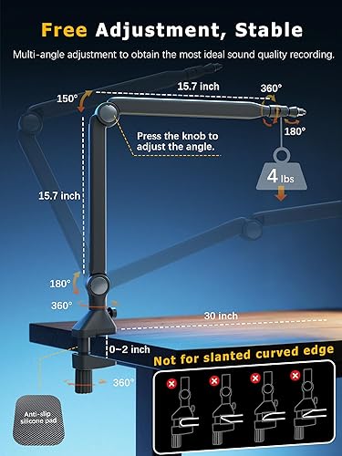 Miniatura 6 de Brazo de brazo de micrófono BA-30 - Brazo de estudio ajustable de 360 con rotación de 360, con rosca de 38 pulgadas 58 pulgadas para podcast,