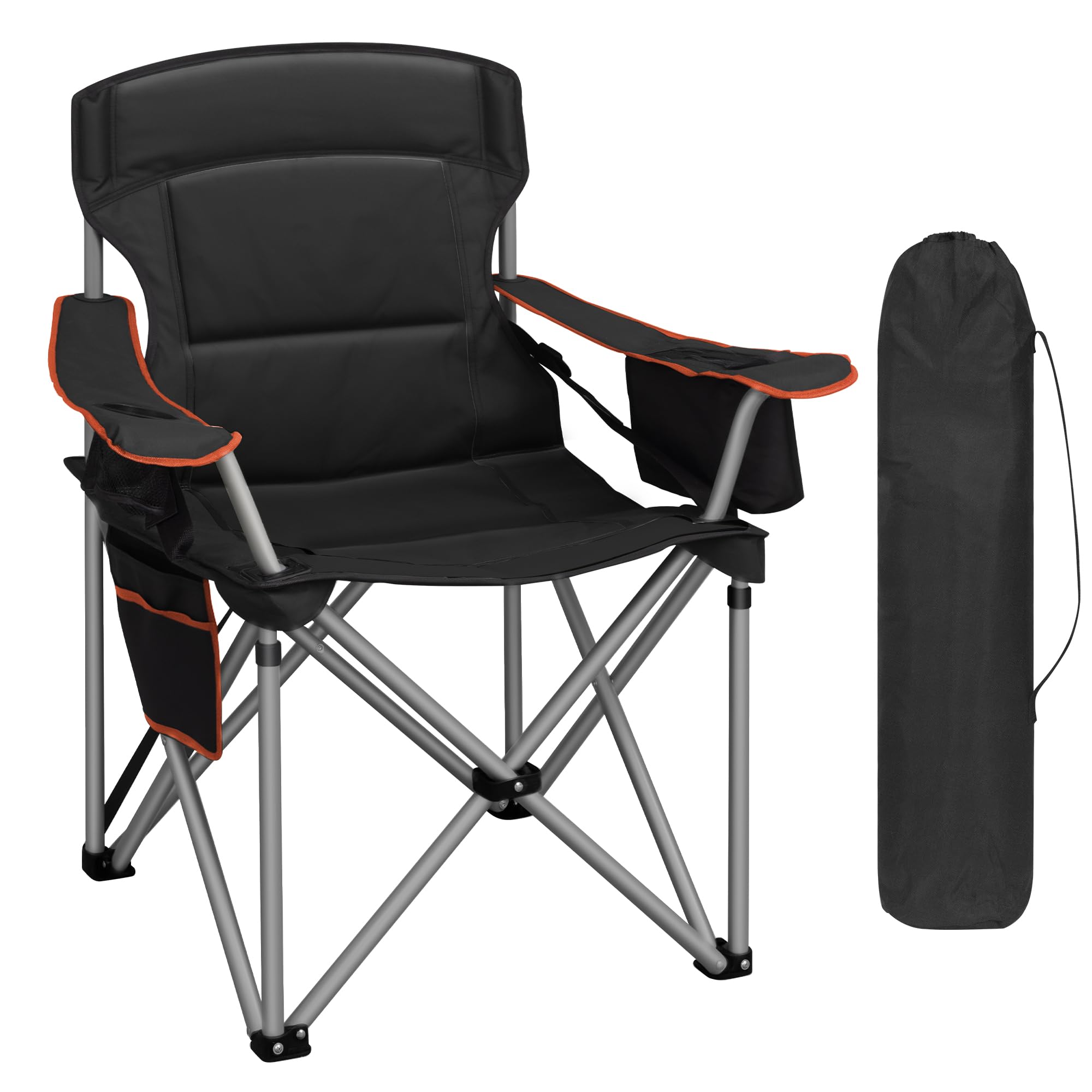 Hzuaneri Folding Camping Chair for Adults Oversized 220KG, Heavy Duty Padded Camping Chair with Adjustable Lumbar Support, Cooler Bag, Cup Holder for Garden Balcony Fishing Black and Orange CC00299EO