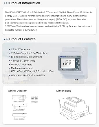 SDM630MCT 40mA Three Phase Electrical Meter for Solar PV System,CT Connected,Non MID(SDM630MCT-40mA Only)