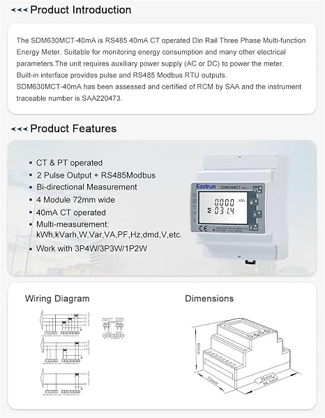 SDM630MCT 40mA Three Phase Electrical Meter for Solar PV System,CT Connected,Non MID(SDM630MCT-40mA Only)