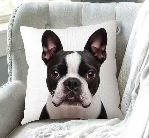 Miniatura 3 de Swono Funda de almohada decorativa de bulldog francés, Boston Terrier de lino y algodón, para exteriores, funda de cojín cuadrada estándar para