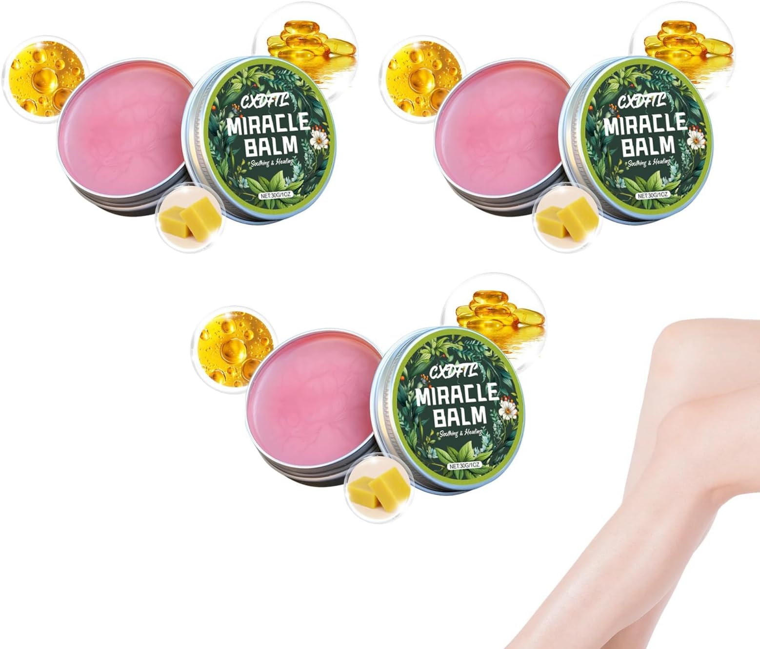 Miracle Balm, 3 Pack, Natural Ingredients, Relaxed and Comfortable, Balm for Legs, Arms, Back, Moisturizing & Hydration, Gentle and Skin-Friendly