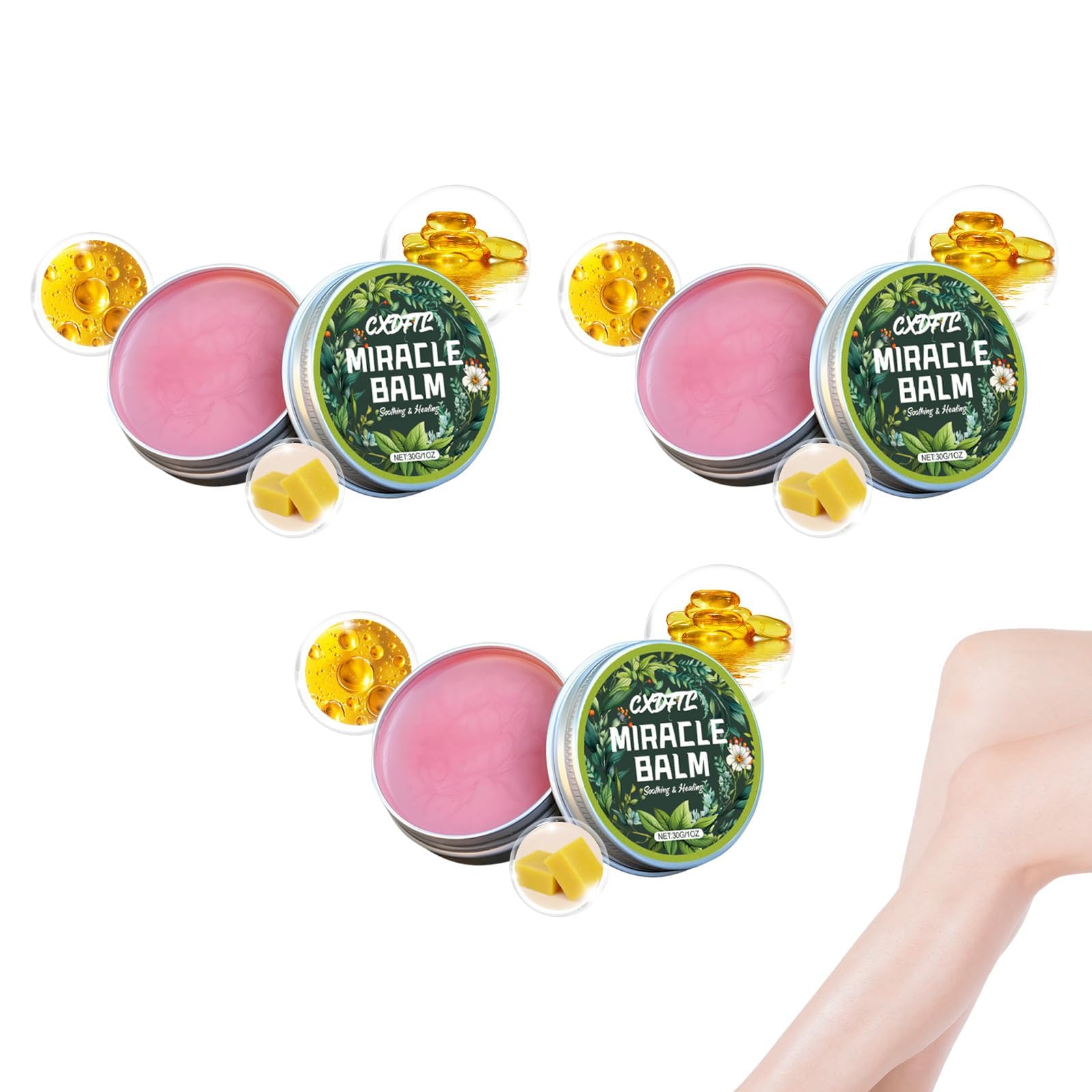 Miracle Balm, 3 Pack, Natural Ingredients, Relaxed and Comfortable, Balm for Legs, Arms, Back, Moisturizing & Hydration, Gentle and Skin-Friendly
