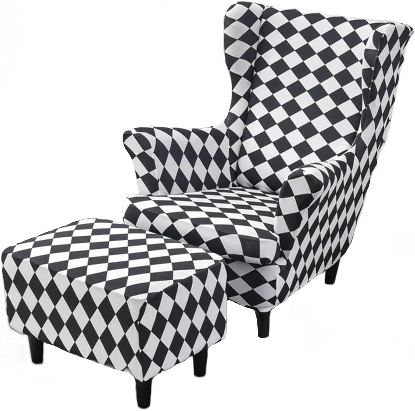 Stretch Wingback Chair Covers Set Stretch Printing Ottoman Slipcover 2 Pieces Armchair Slipcovers with Arms and and Rectangle Storage Stool Cover Houndstooth