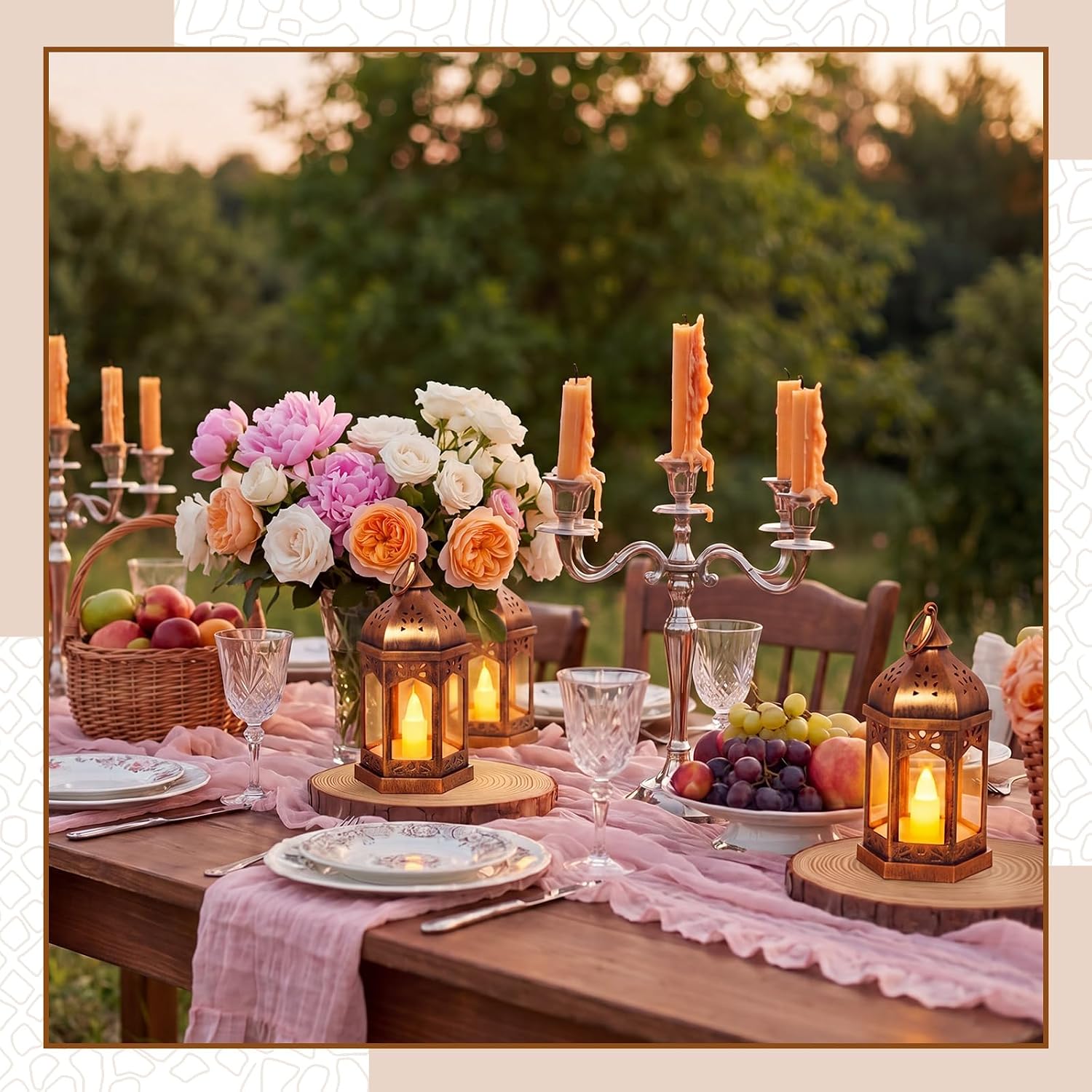 12 Set 7" Wedding Lantern with LED and 7.8-8.6" Wood Slice, Brown