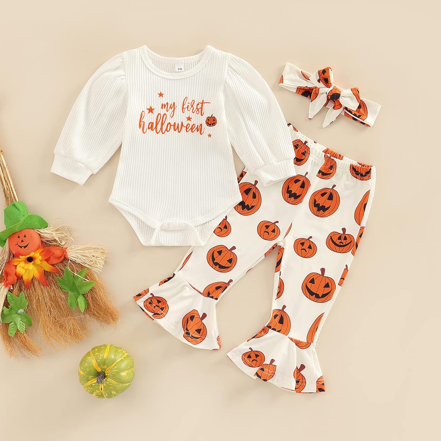My First Halloween Baby Girl Outfit Puff Sleeve Romper Pumpkin Bell Bottoms Headband Newborn Halloween Clothes Set - Image 2