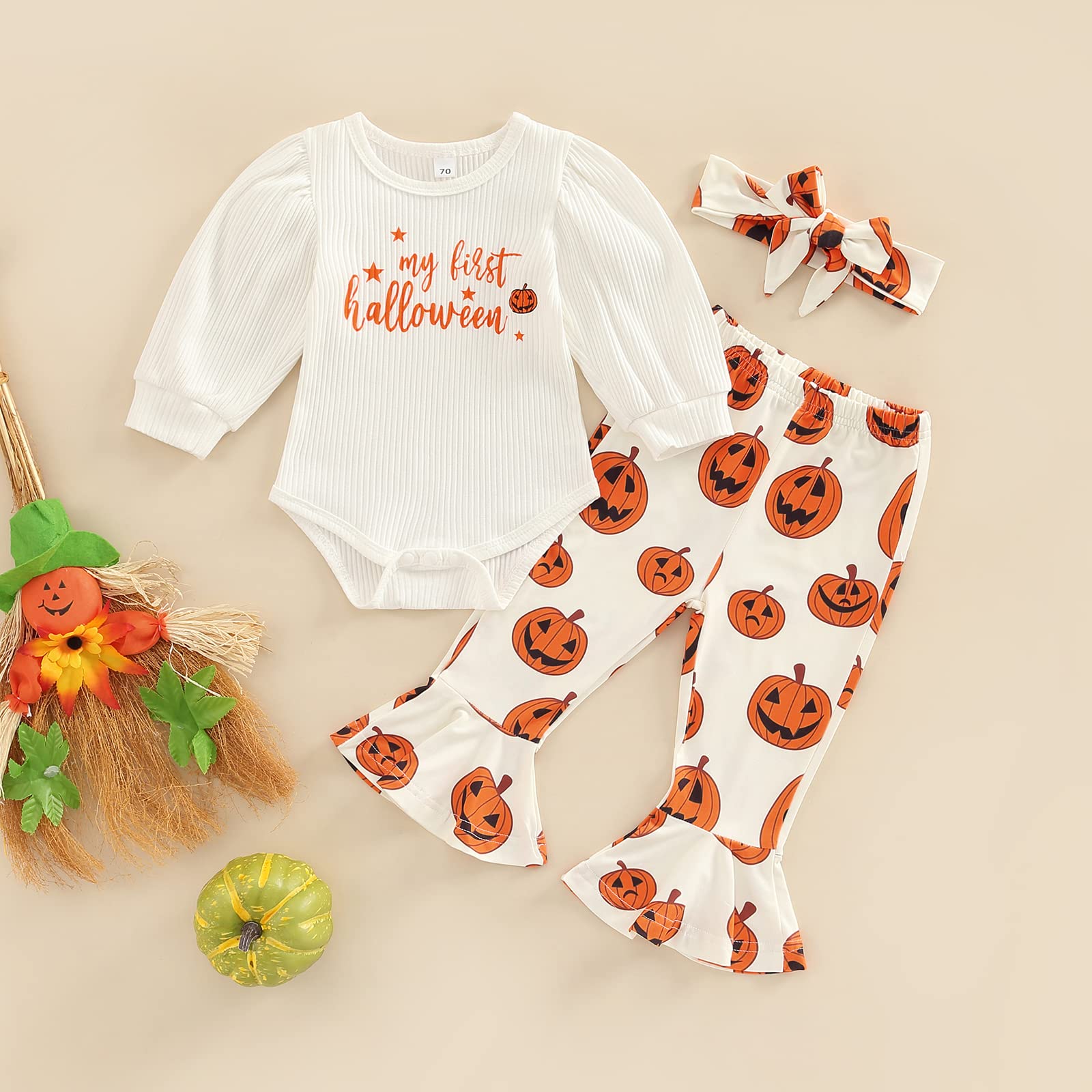Saliuentm My First Halloween Baby Girl Outfit Puff Long Sleeve Romper Pumpkin Bell Bottoms Headband Newborn Halloween Clothes Set(Orange,0-3 Months)