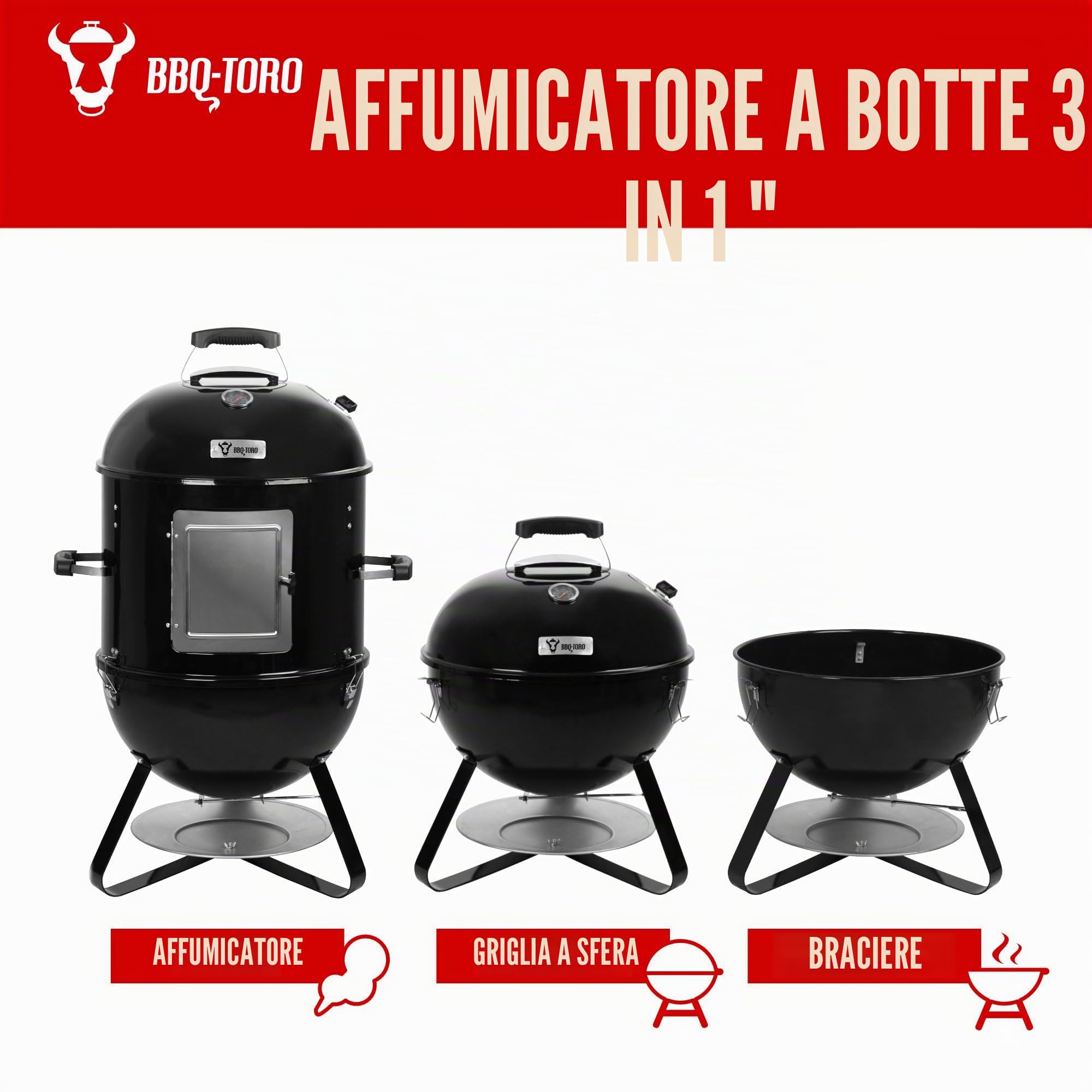 BBQ-Toro 3 in 1 barile per affumicatura Ø 47 cm | barile per barbecue, griglia a carbonella, ciotola per fuoco | smoker con termometro | griglia da giardino, smoker, forno per affumicatura