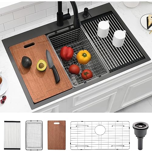 33x22 Black Drop In Kitchen Sink, Dorzom 33 Inches Topmount 16 Gauge Black Stainless Steel Drop In Workstation Kitchen Sinks